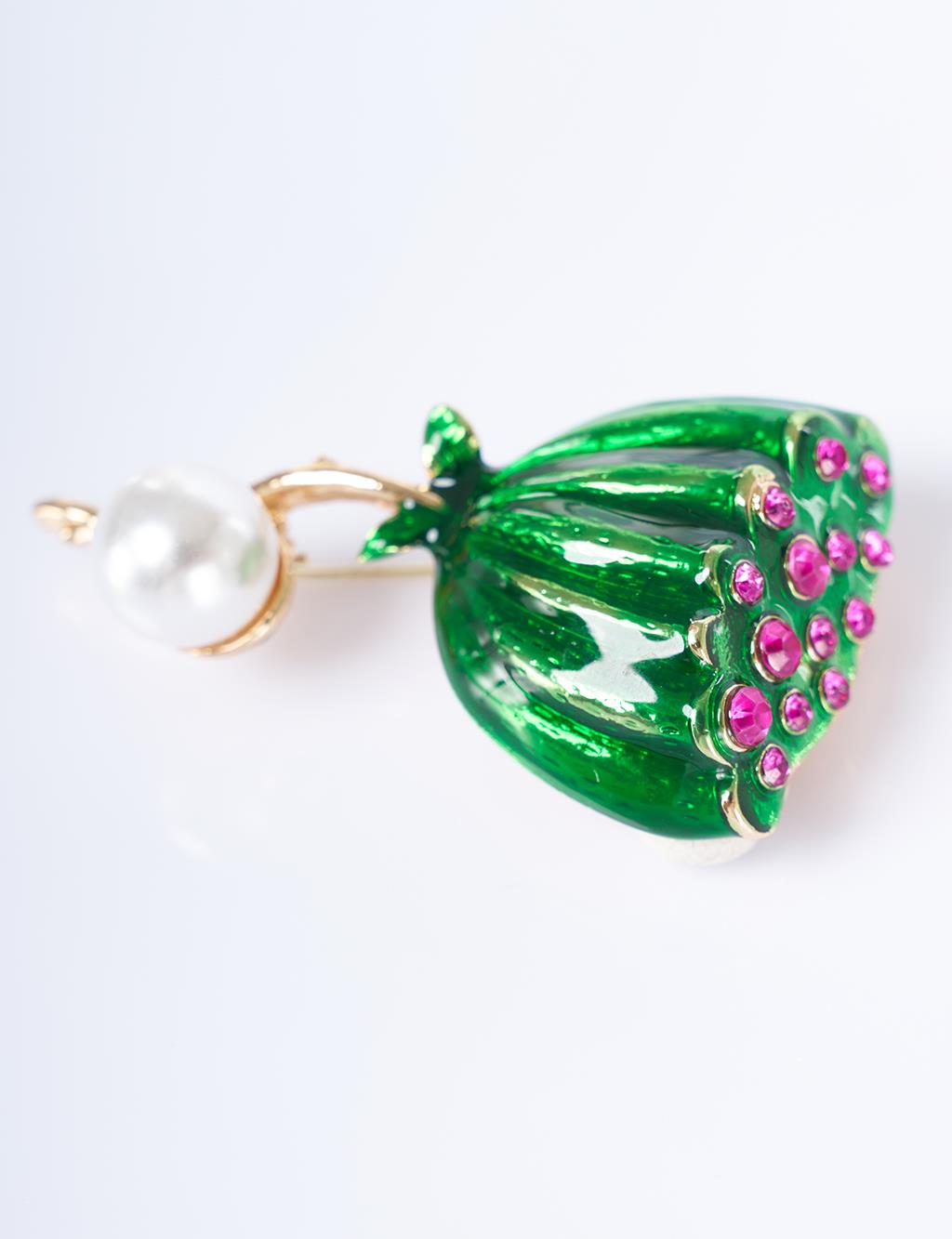 Green Pearl-Embellished Flower Brooch