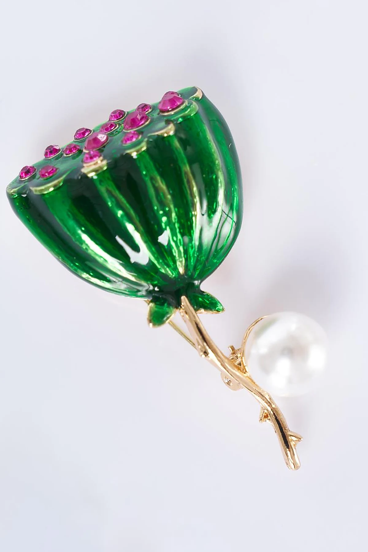 Green Pearl-Embellished Flower Brooch