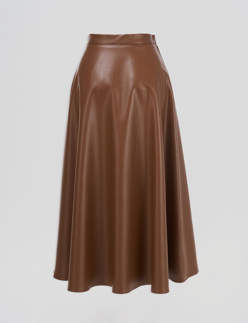 High Waist Faux Leather Skirt Tan 