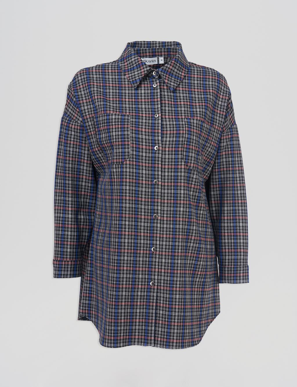 Plaid Shirt Collar Tunic Brown