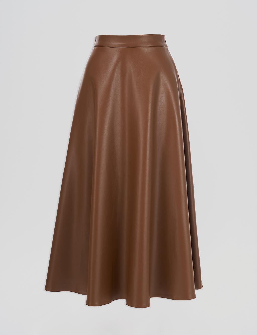 High Waist Faux Leather Skirt Tan 