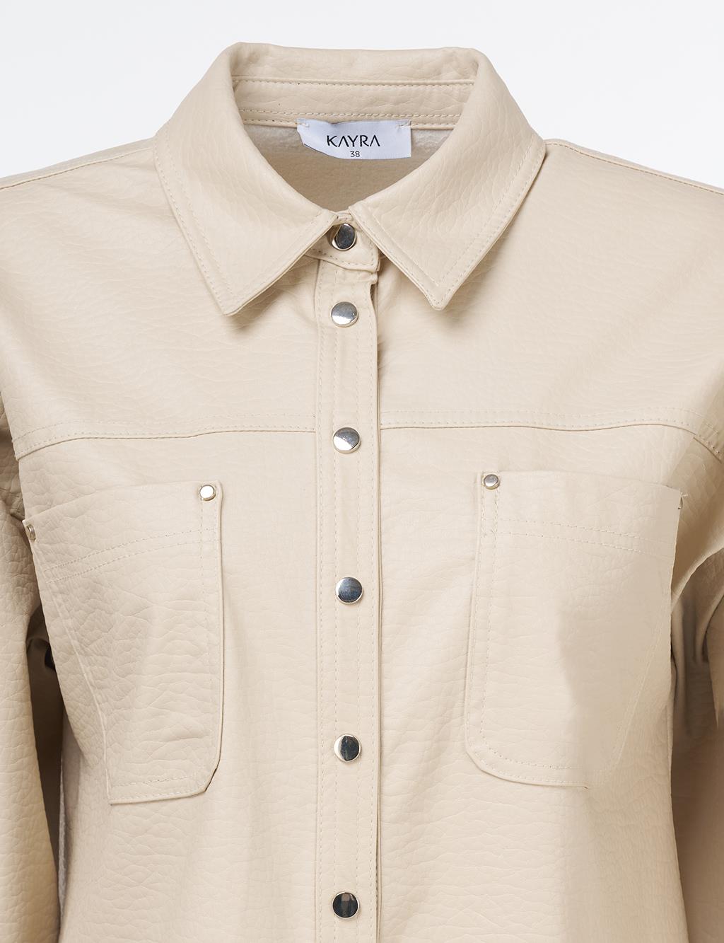 Snap Button Faux Leather Jacket Cream