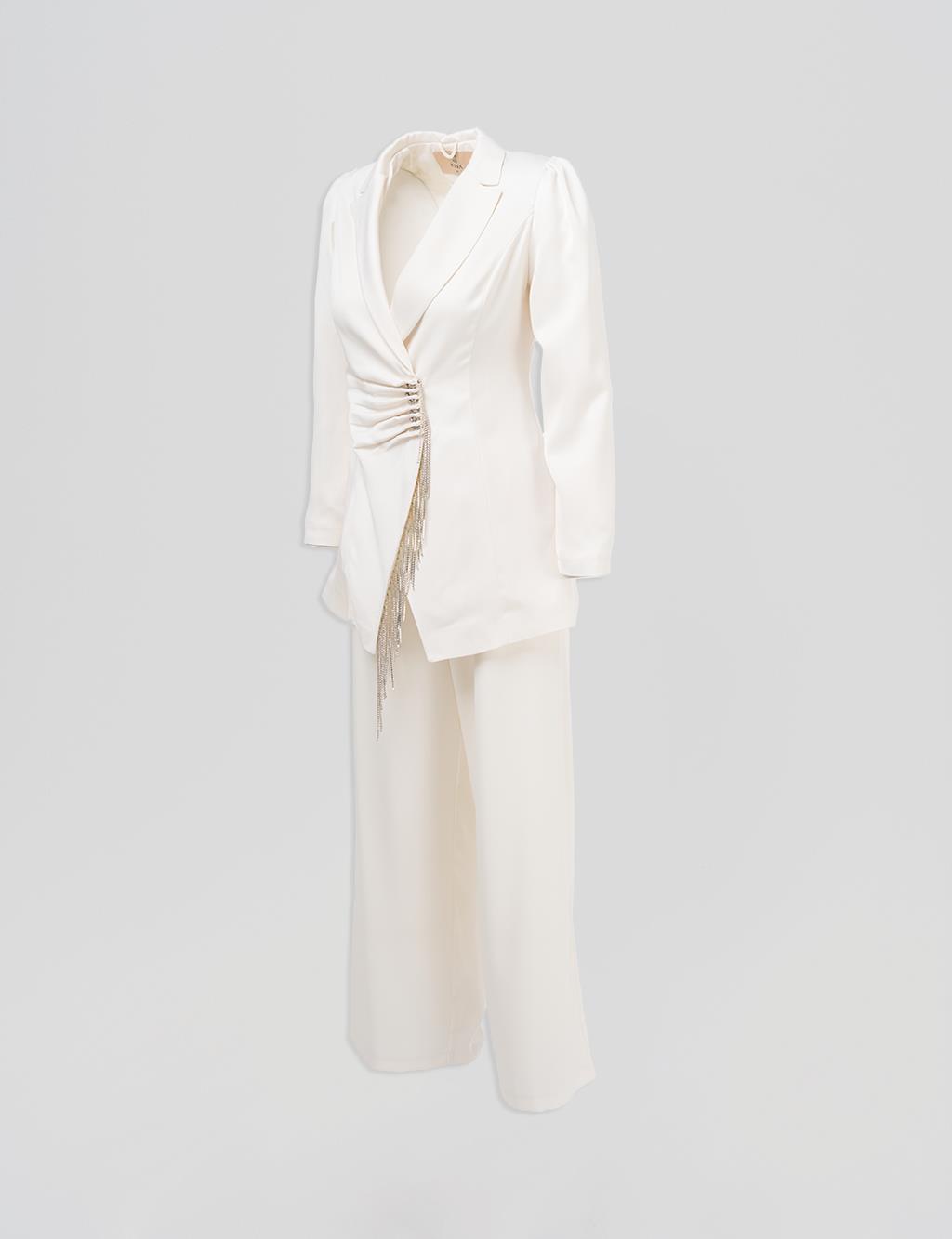 Tassel Detailed Satin Double Suit Ecru 