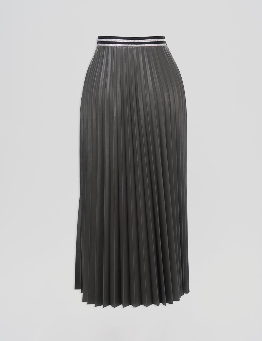 Belted Elasticated Pleated Faux Leather Skirt Smoked