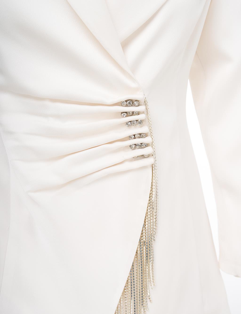 Tassel Detailed Satin Double Suit Ecru 