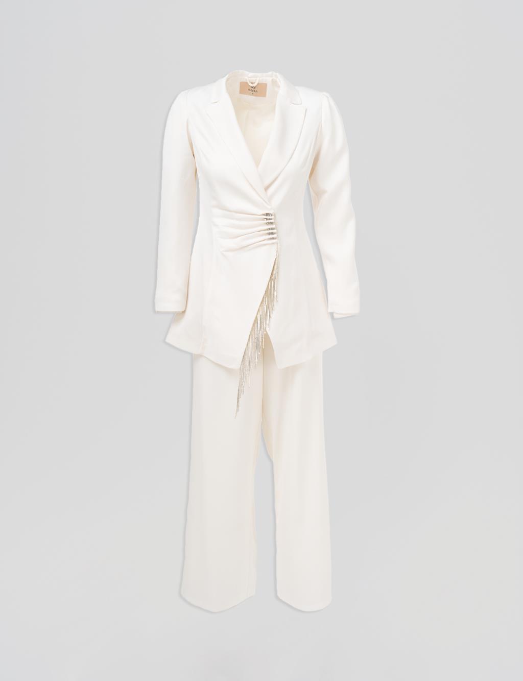 Tassel Detailed Satin Double Suit Ecru 