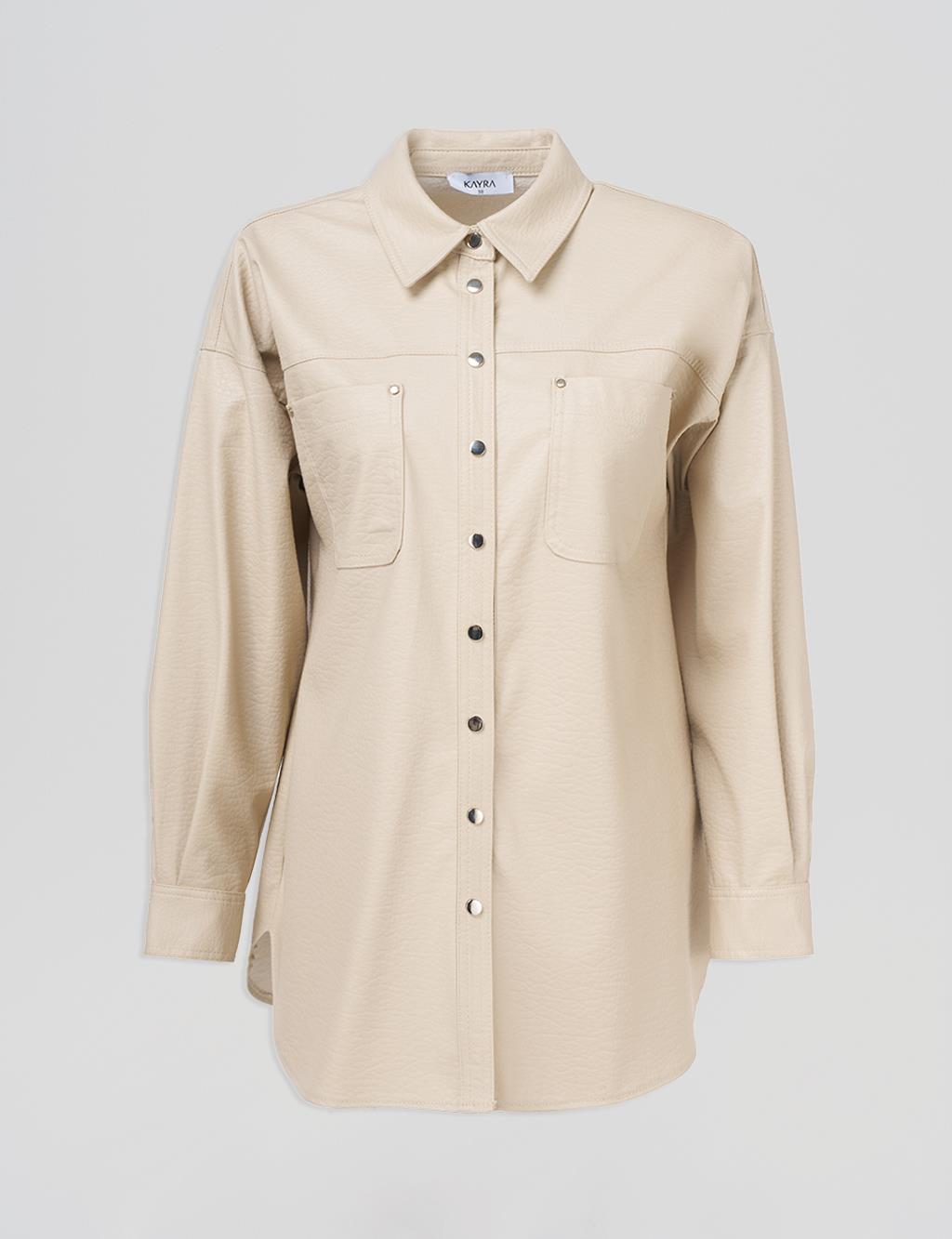 Snap Button Faux Leather Jacket Cream
