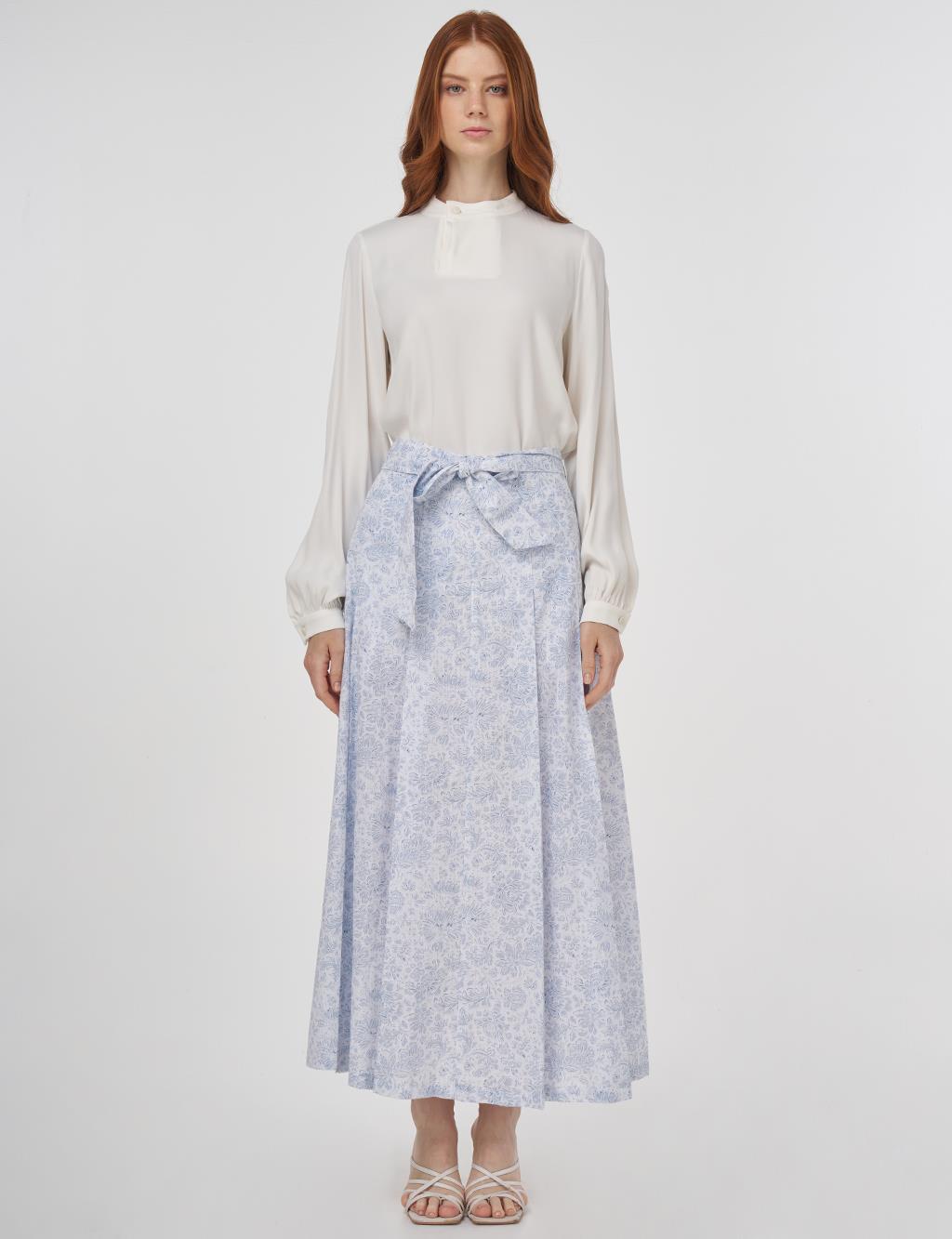 Floral Patterned Pleated Skirt Air Force Blue