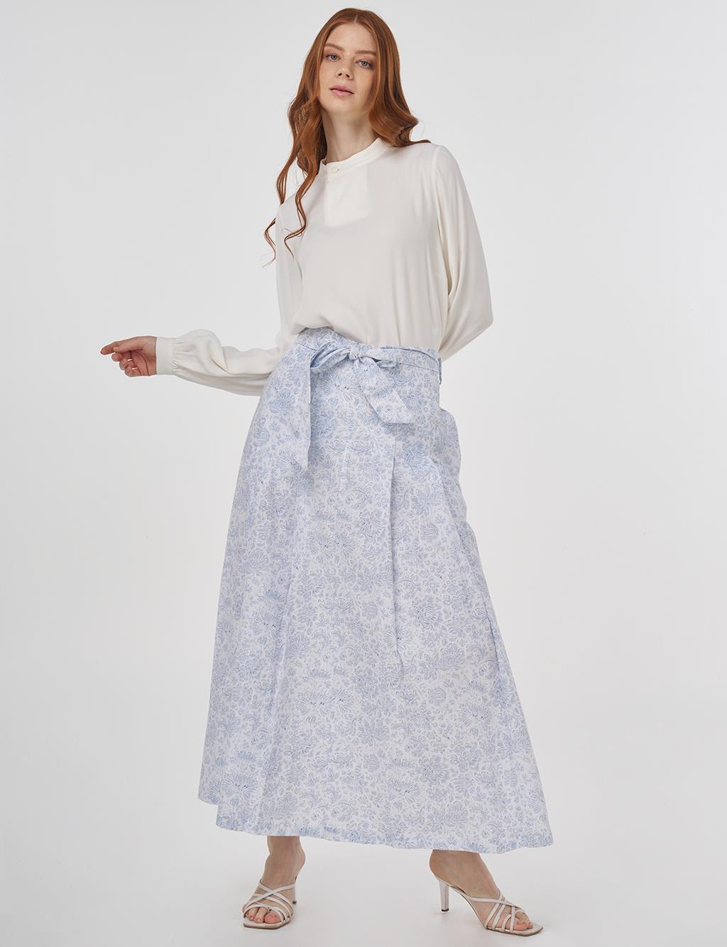 Floral Patterned Pleated Skirt Air Force Blue