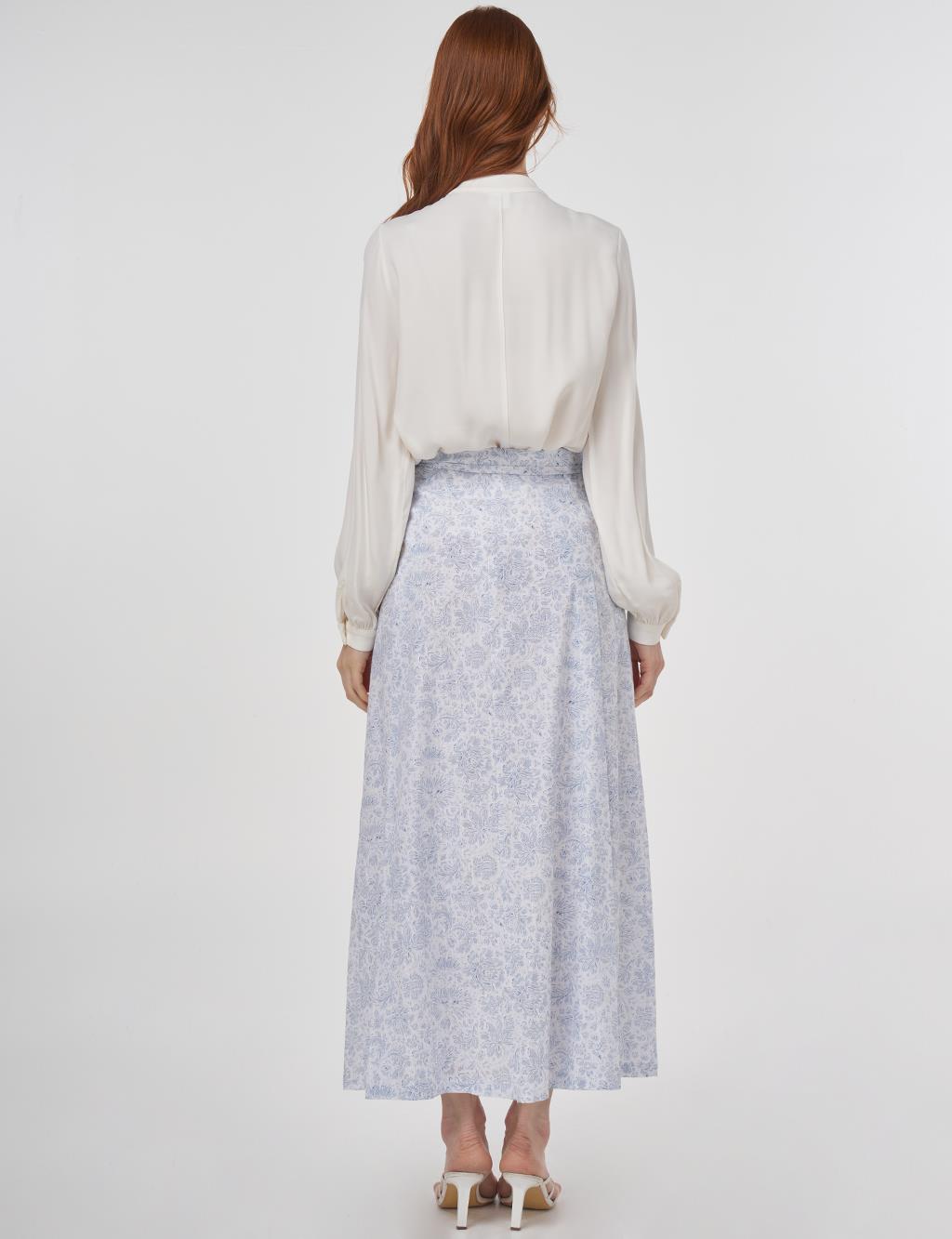 Floral Patterned Pleated Skirt Air Force Blue