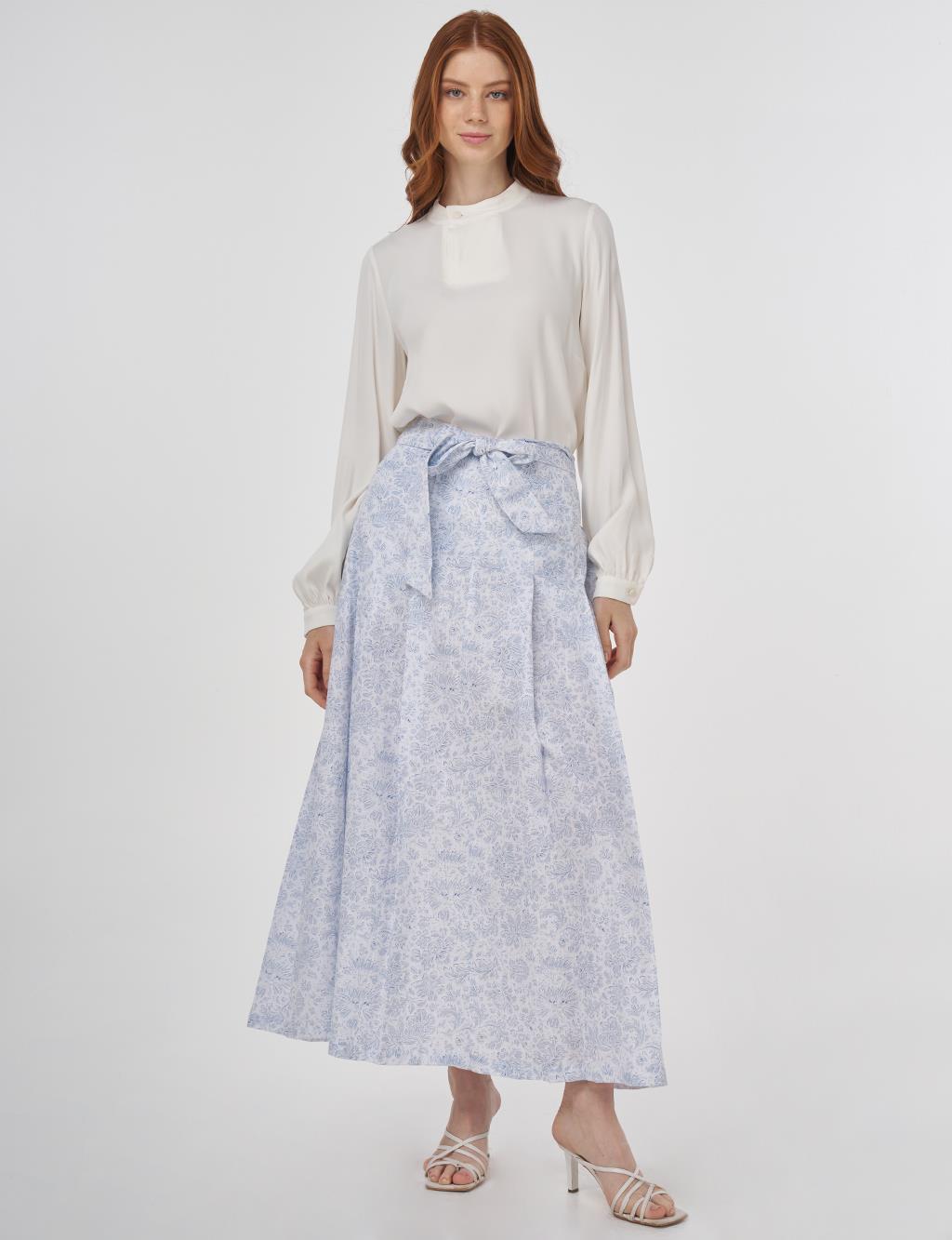 Floral Patterned Pleated Skirt Air Force Blue