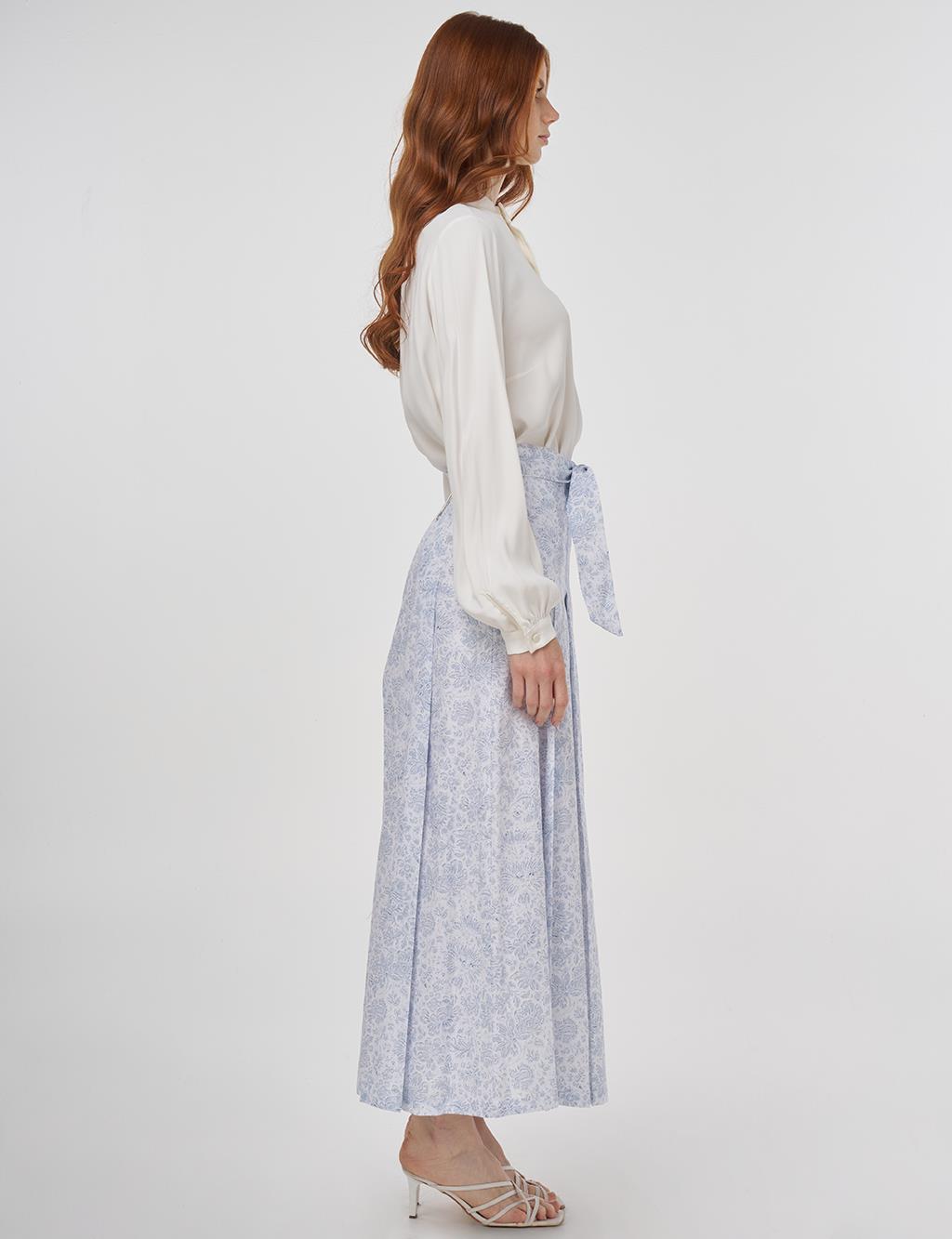 Floral Patterned Pleated Skirt Air Force Blue