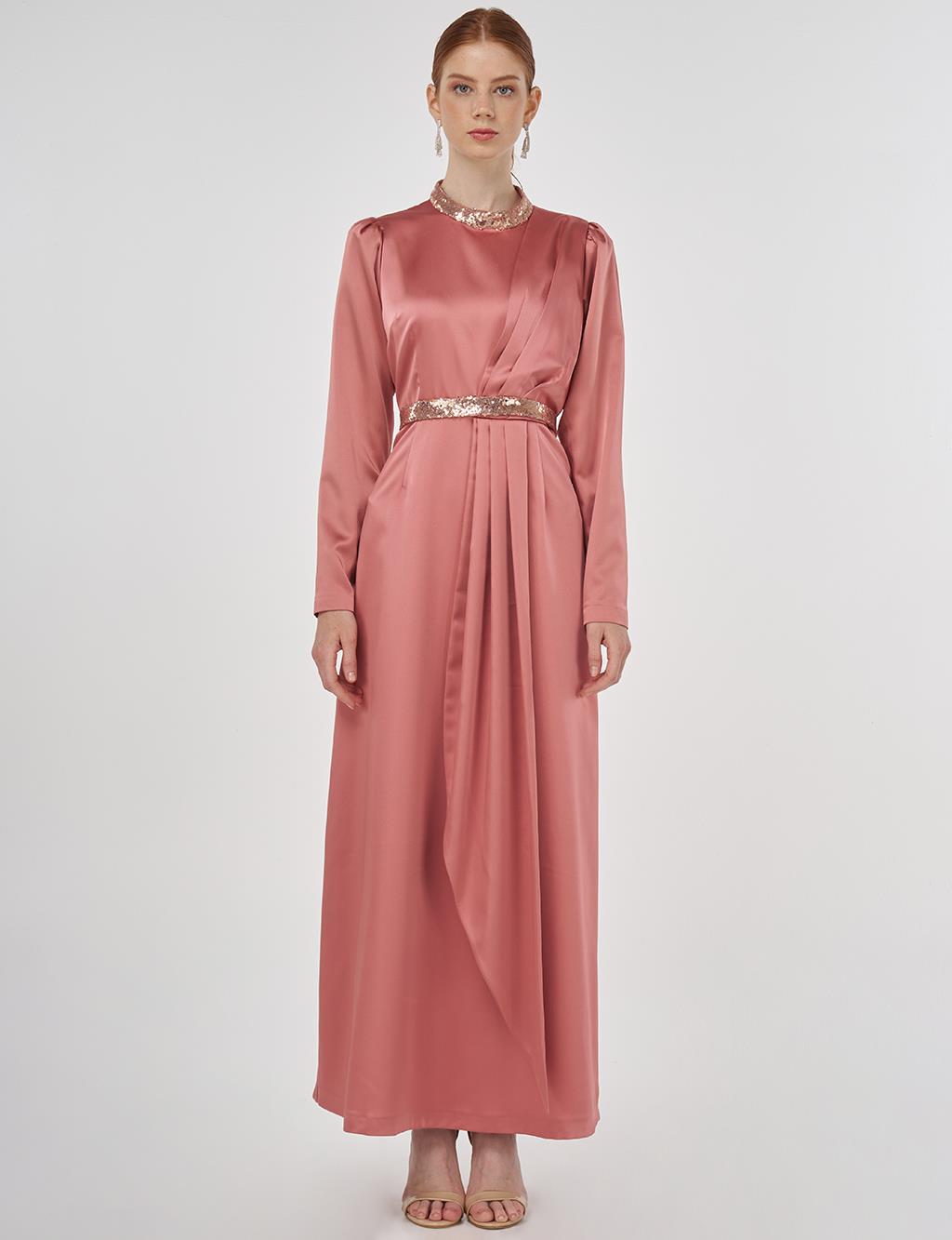 Embroidered Satin Draped Dress in Rose Gold