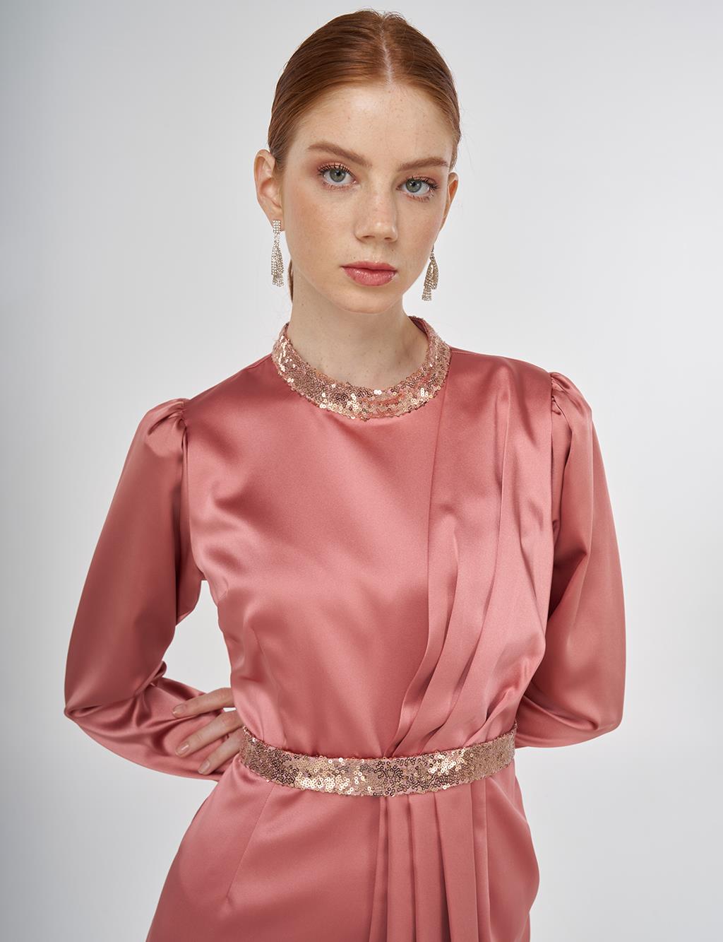 Embroidered Satin Draped Dress in Rose Gold