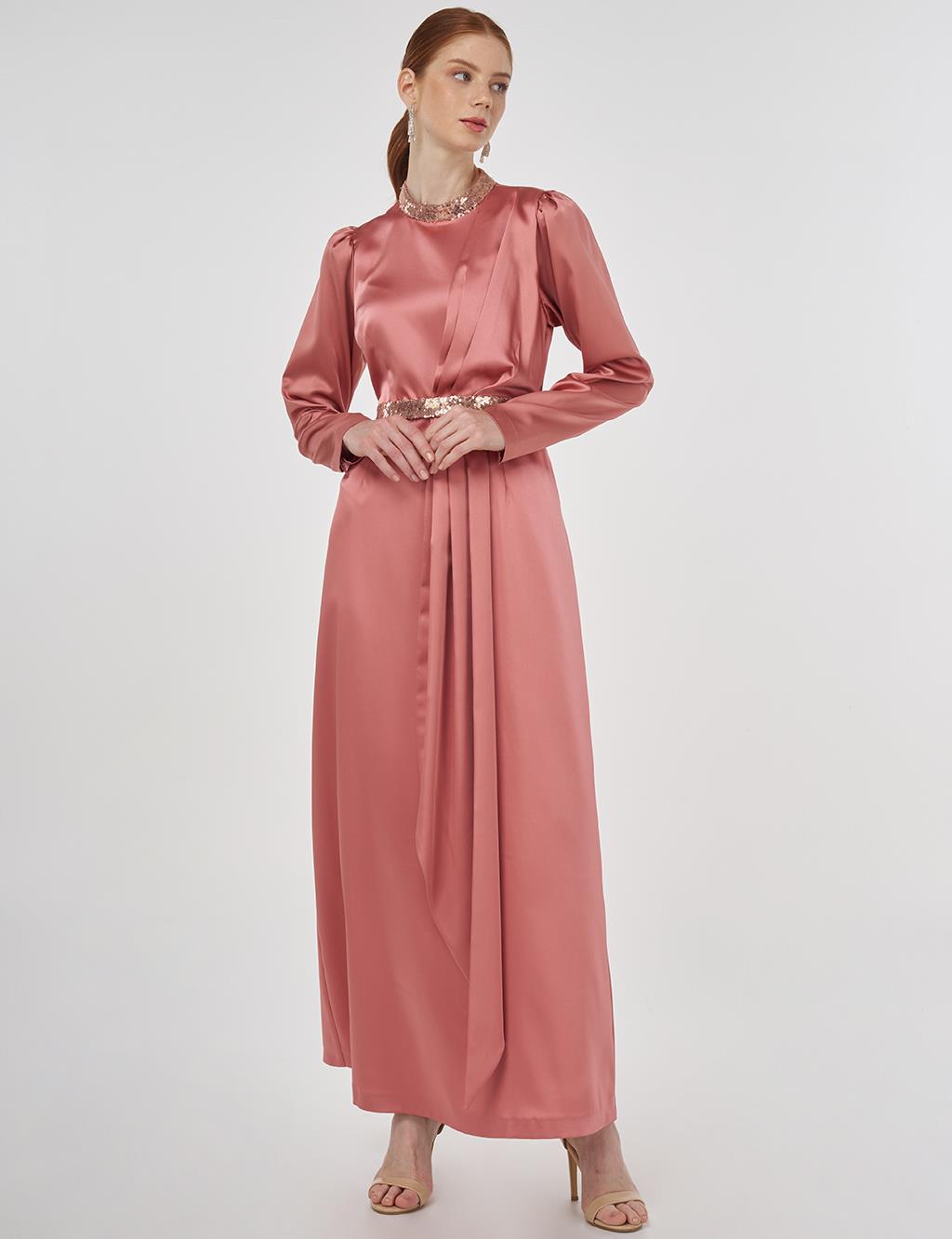 Embroidered Satin Draped Dress in Rose Gold