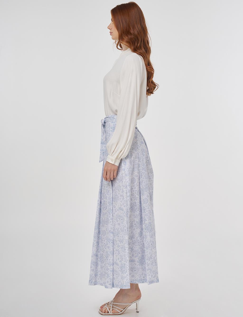 Floral Patterned Pleated Skirt Air Force Blue