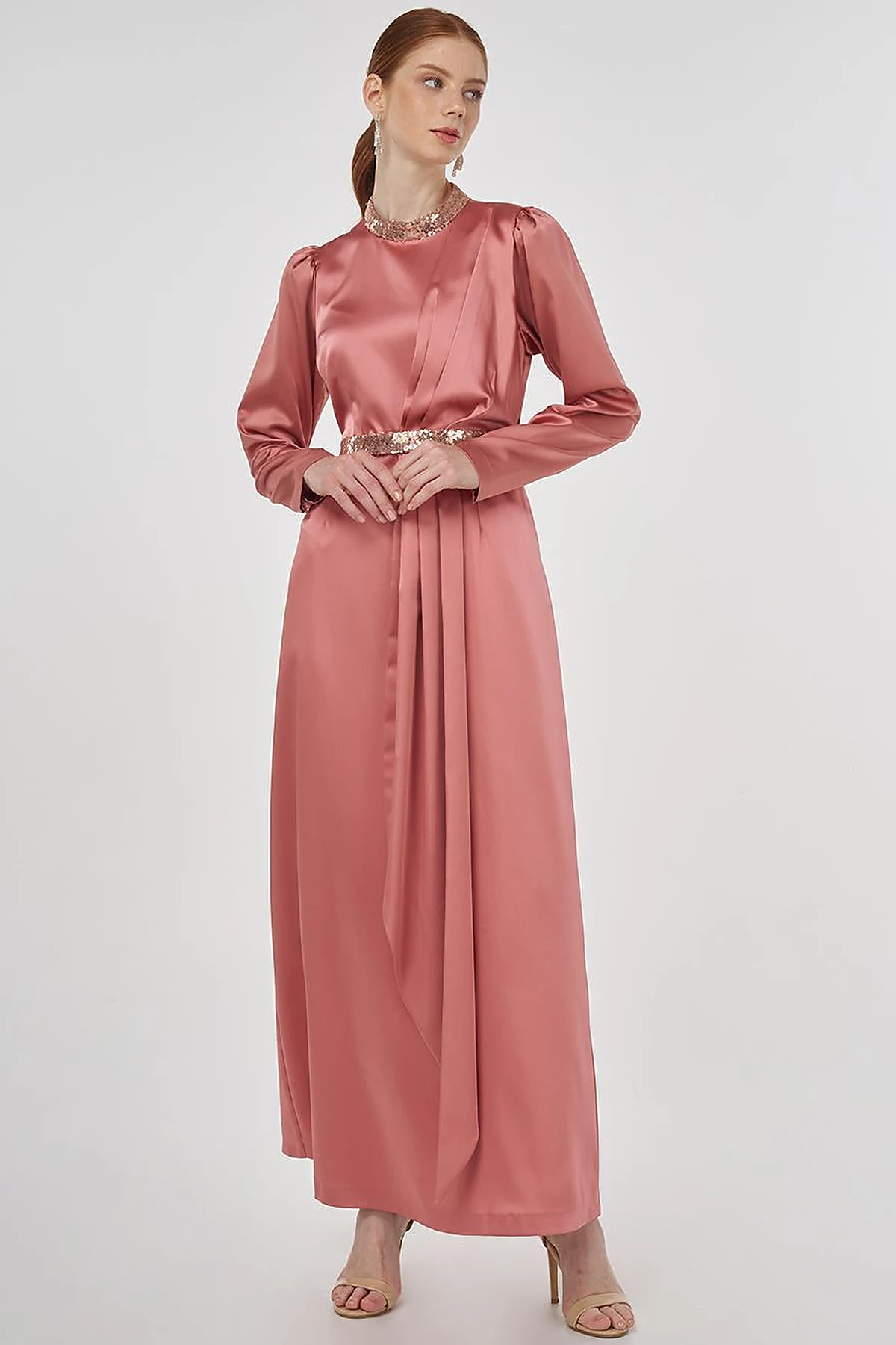 Embroidered Satin Draped Dress in Rose Gold