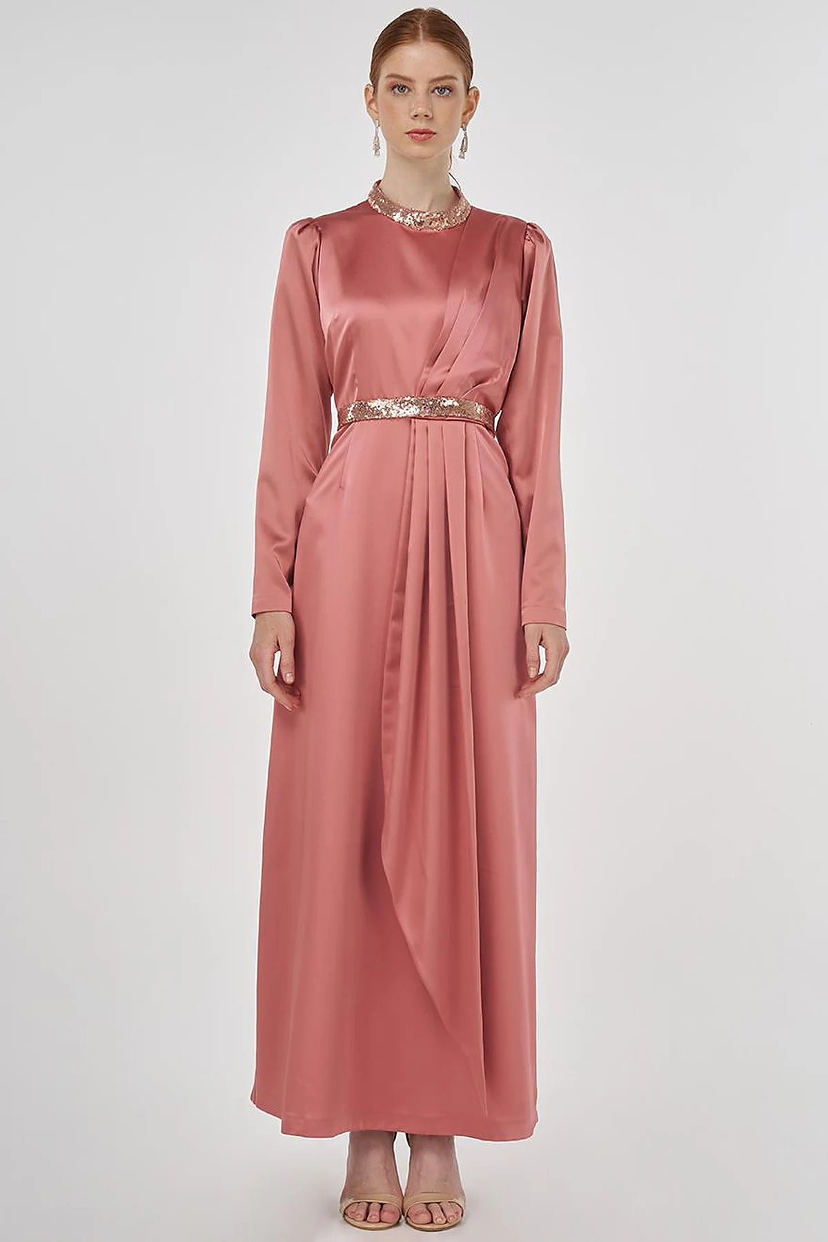 Embroidered Satin Draped Dress in Rose Gold