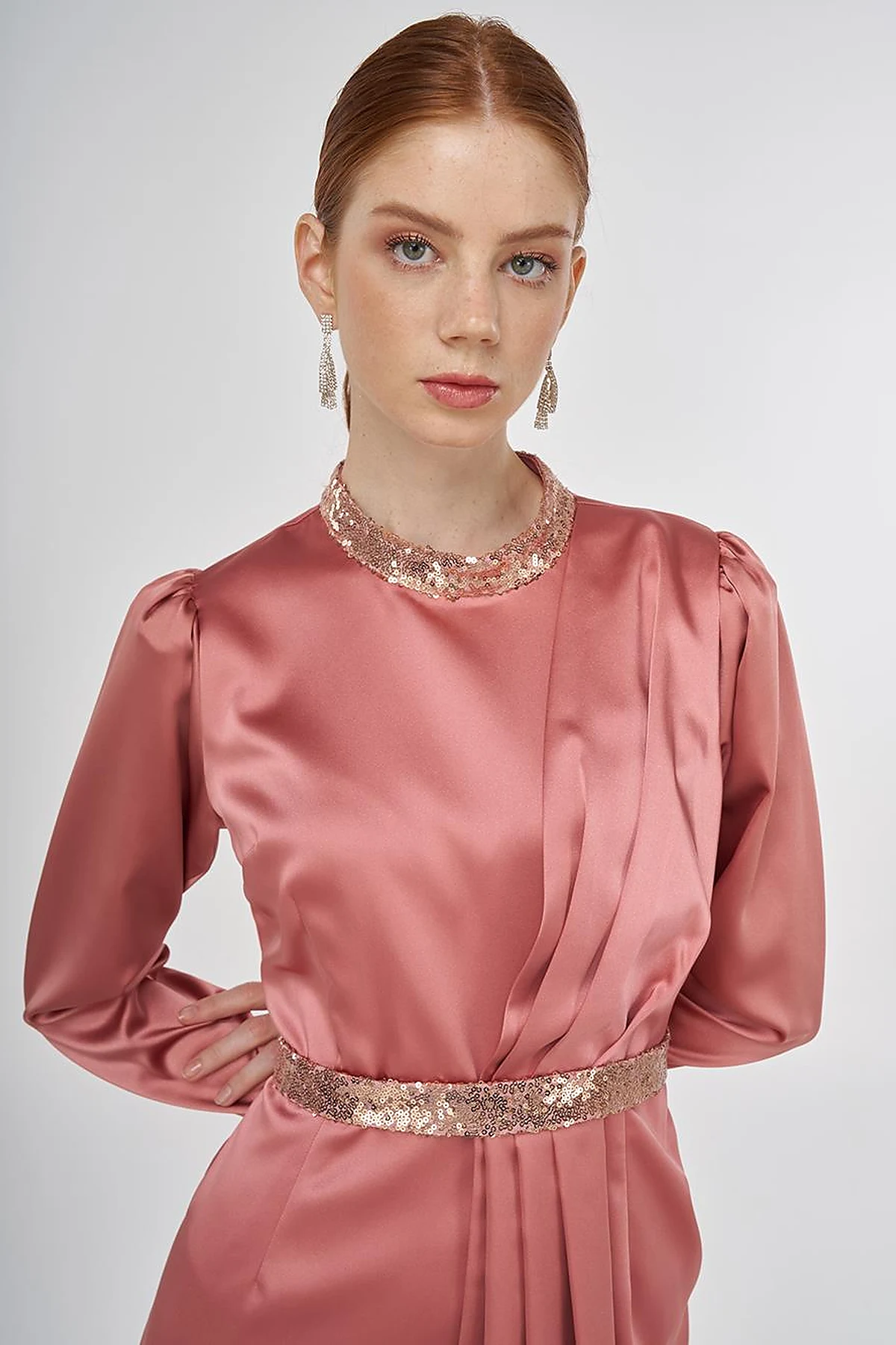 Embroidered Satin Draped Dress in Rose Gold