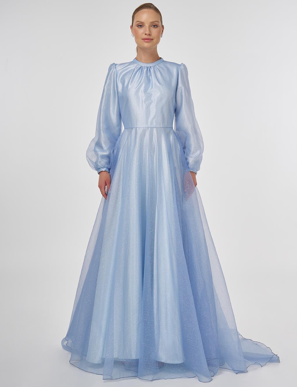 Glitter Evening Dress with Tulle Overlay - Air Force Blue