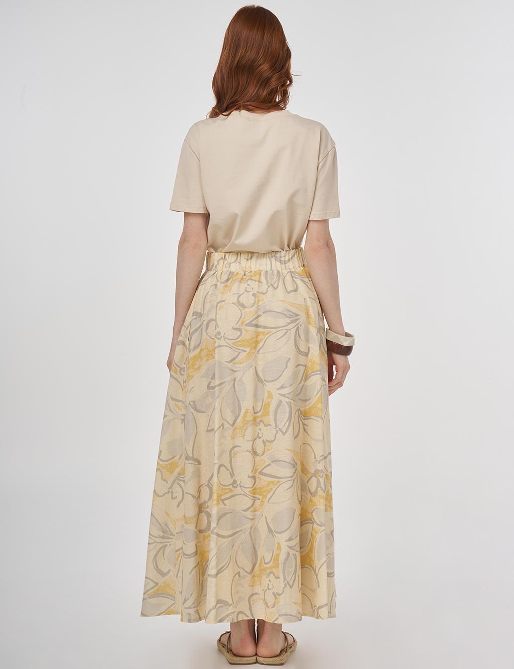 Patterned Cotton-Linen Flared Skirt Cream