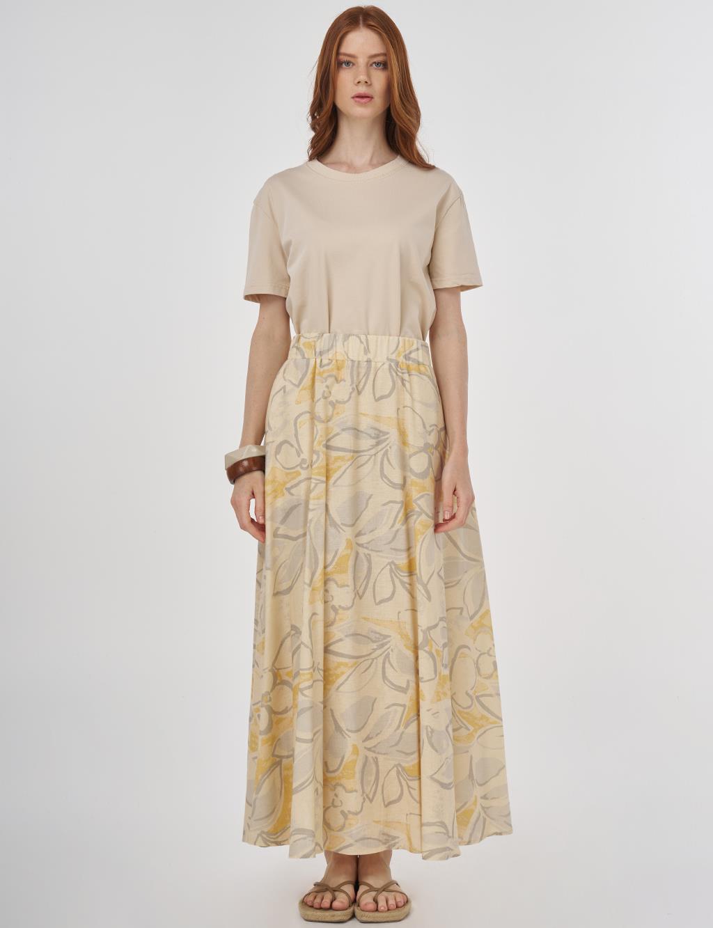 Patterned Cotton-Linen Flared Skirt Cream