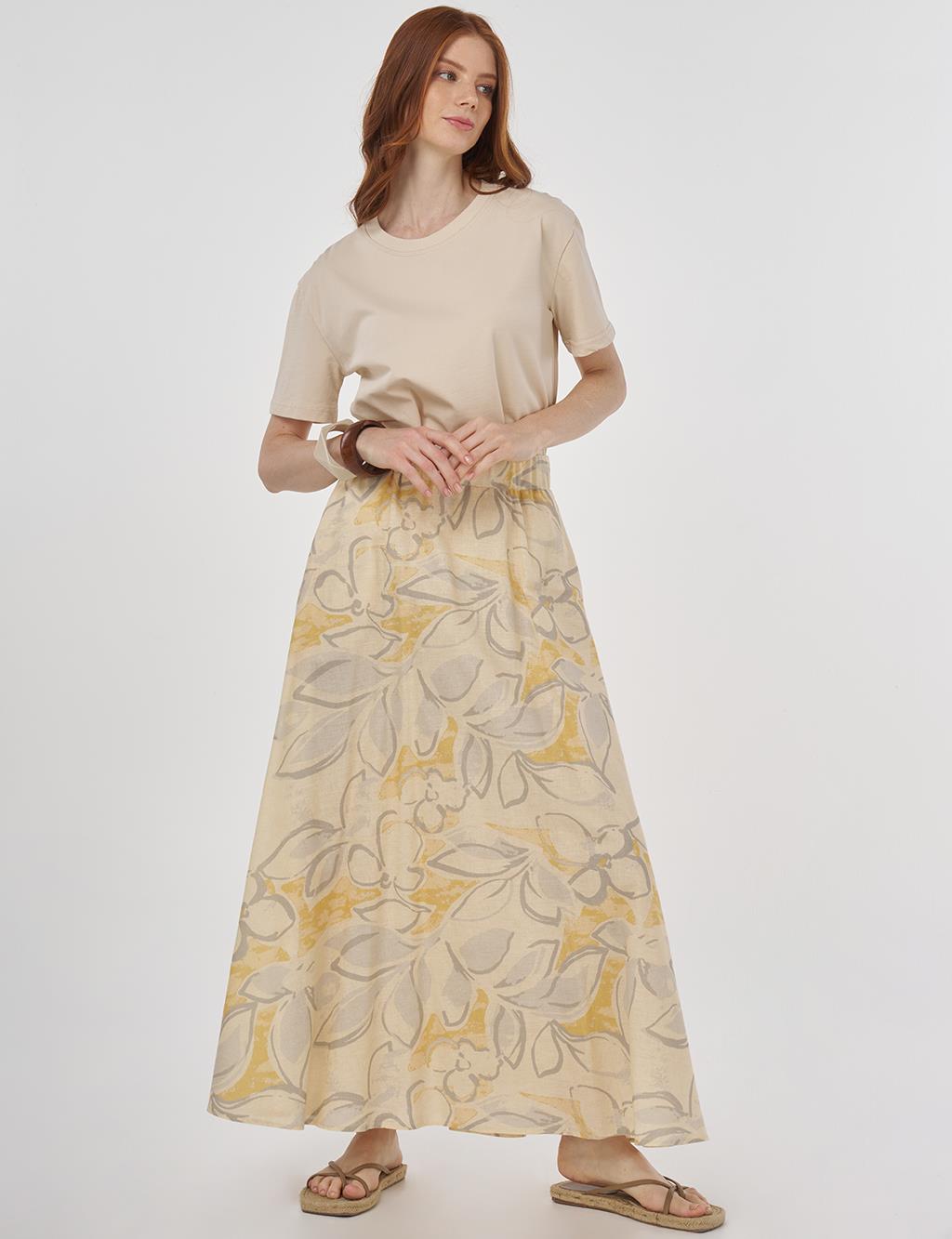 Patterned Cotton-Linen Flared Skirt Cream