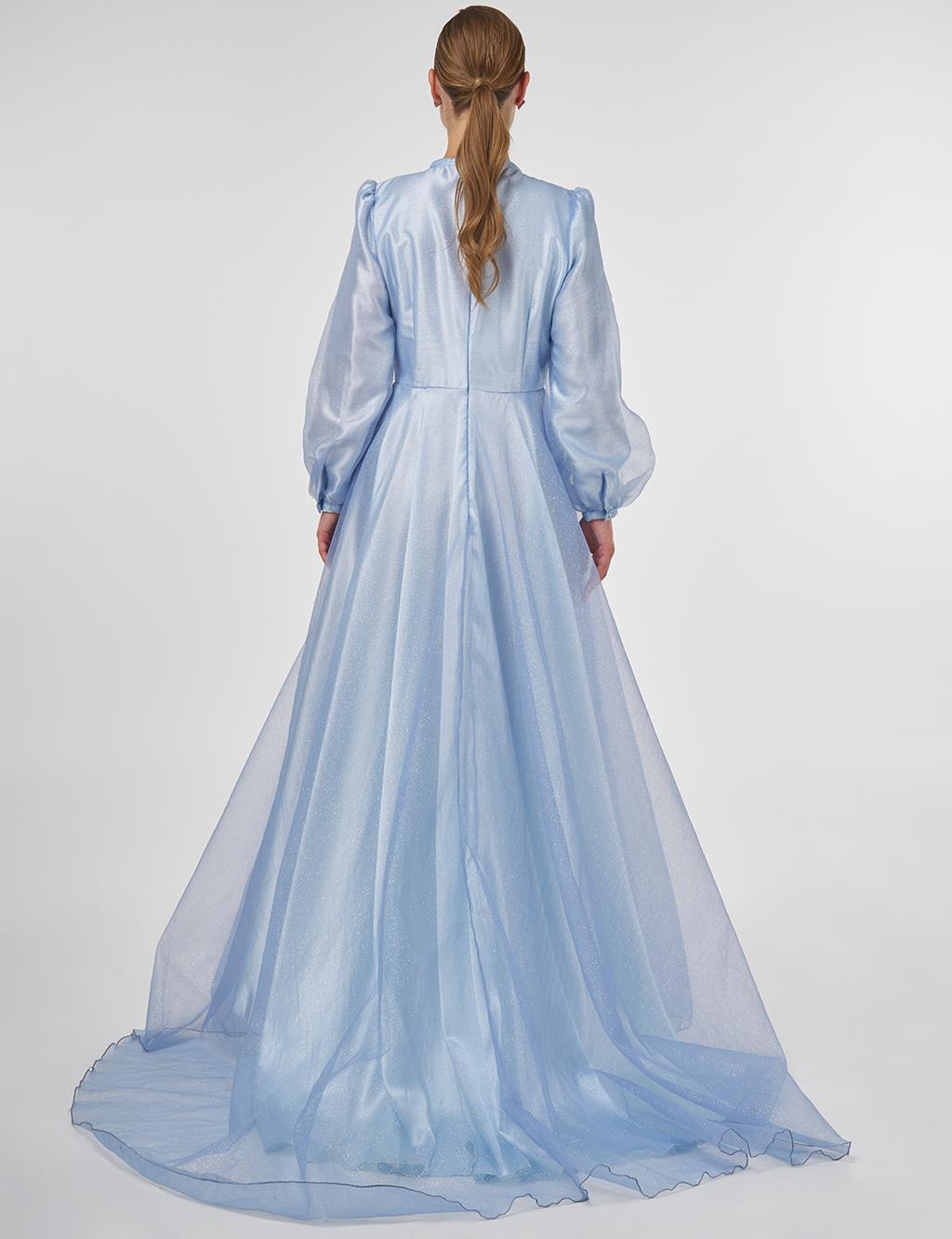 Glitter Evening Dress with Tulle Overlay - Air Force Blue