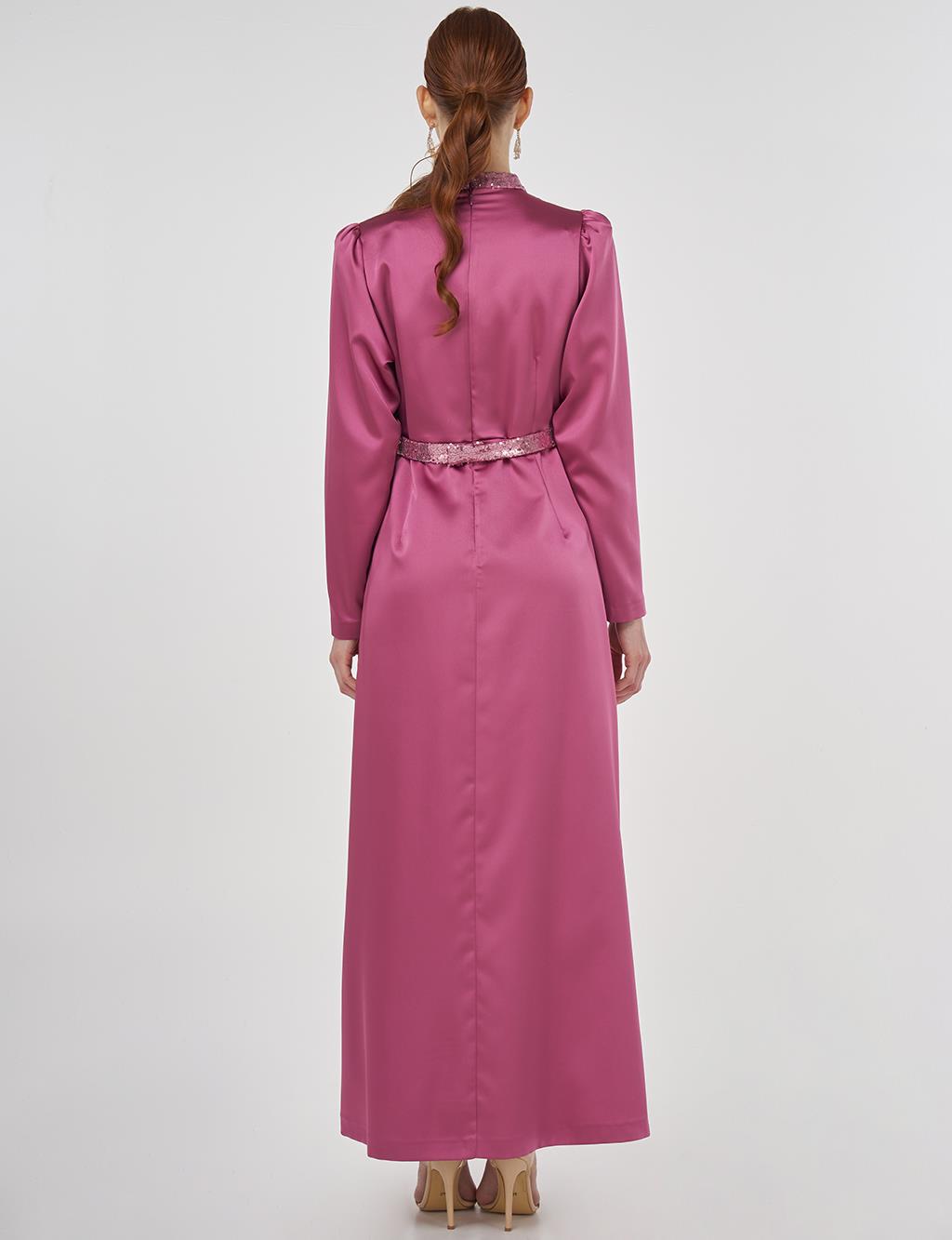 Embroidered Satin Draped Dress in Dusty Rose 