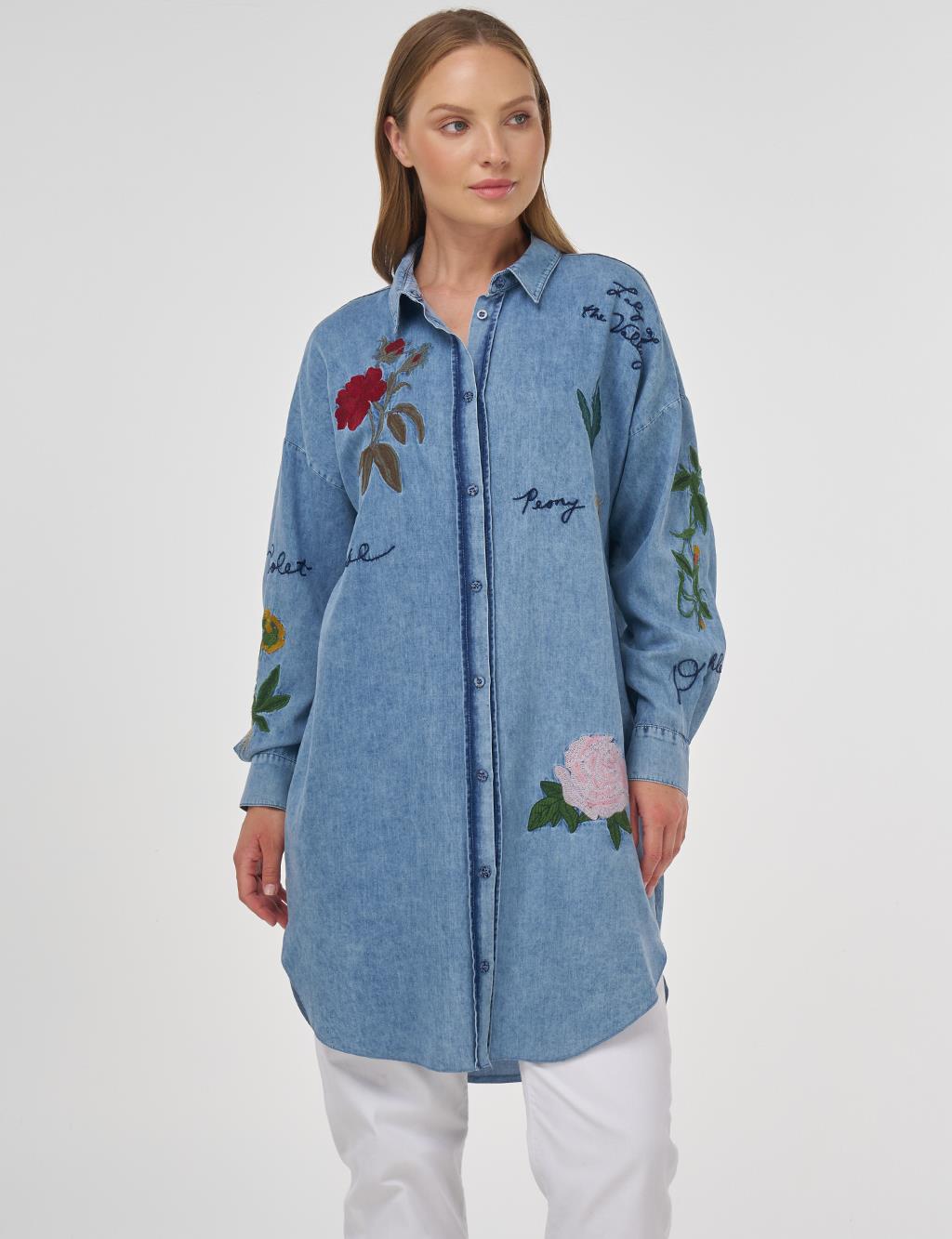 Embroidered Lyocell Tunic with Towel Wash Finish