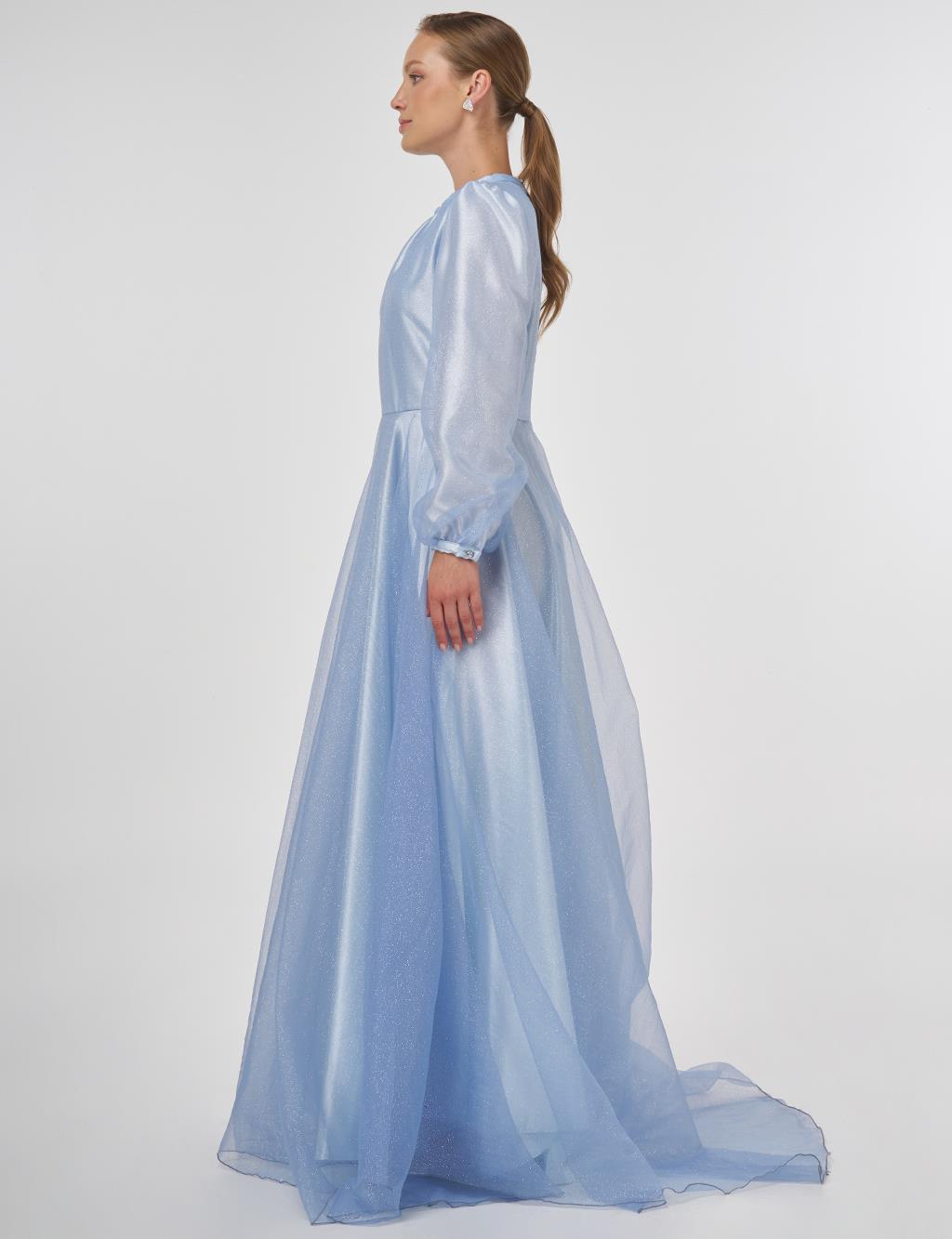 Glitter Evening Dress with Tulle Overlay - Air Force Blue