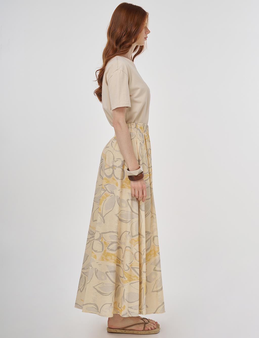 Patterned Cotton-Linen Flared Skirt Cream