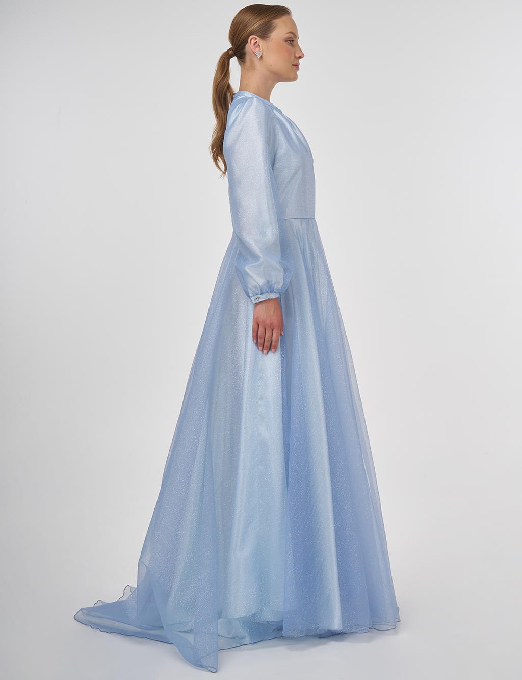 Glitter Evening Dress with Tulle Overlay - Air Force Blue