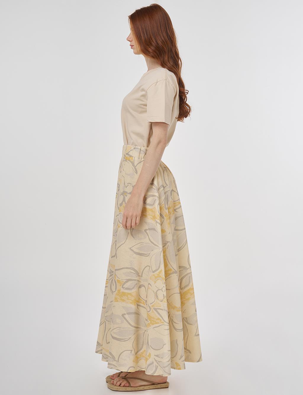 Patterned Cotton-Linen Flared Skirt Cream