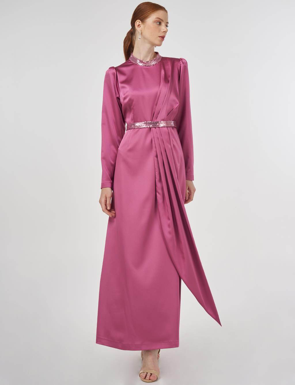Embroidered Satin Draped Dress in Dusty Rose 
