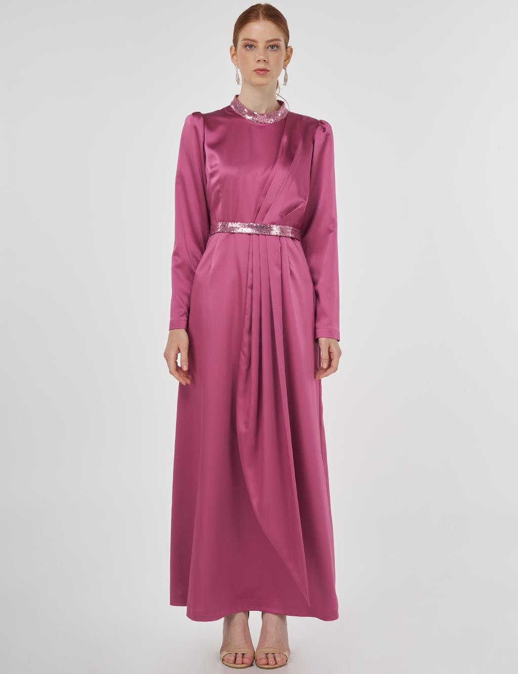 Embroidered Satin Draped Dress in Dusty Rose 