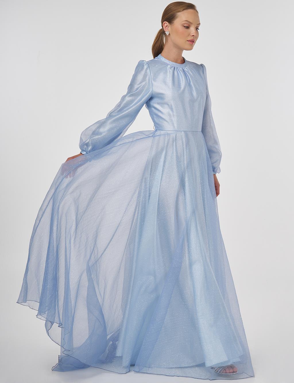 Glitter Evening Dress with Tulle Overlay - Air Force Blue