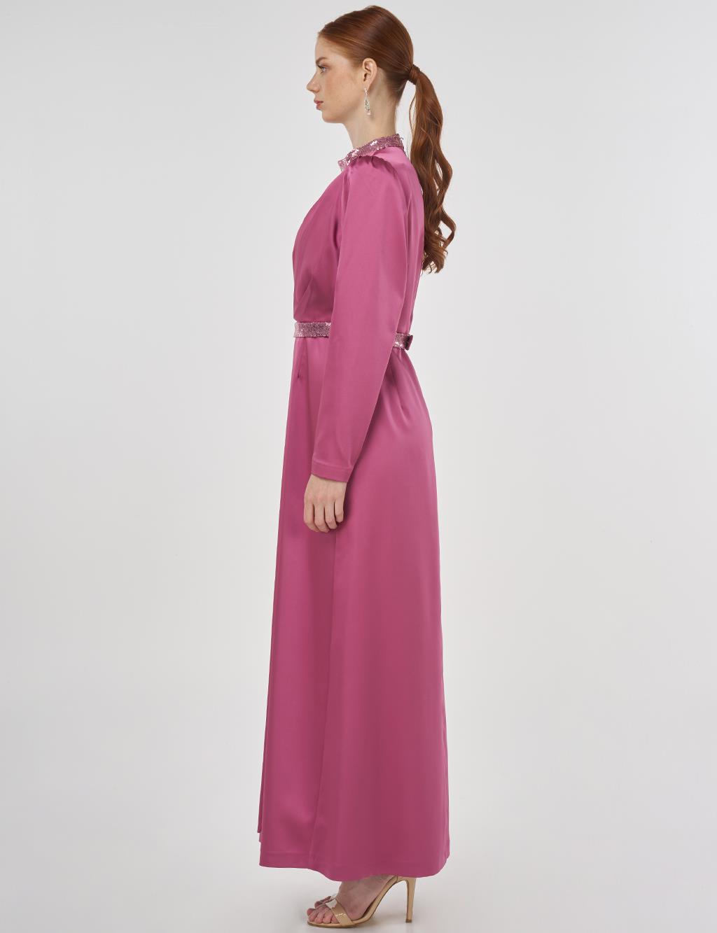 Embroidered Satin Draped Dress in Dusty Rose 