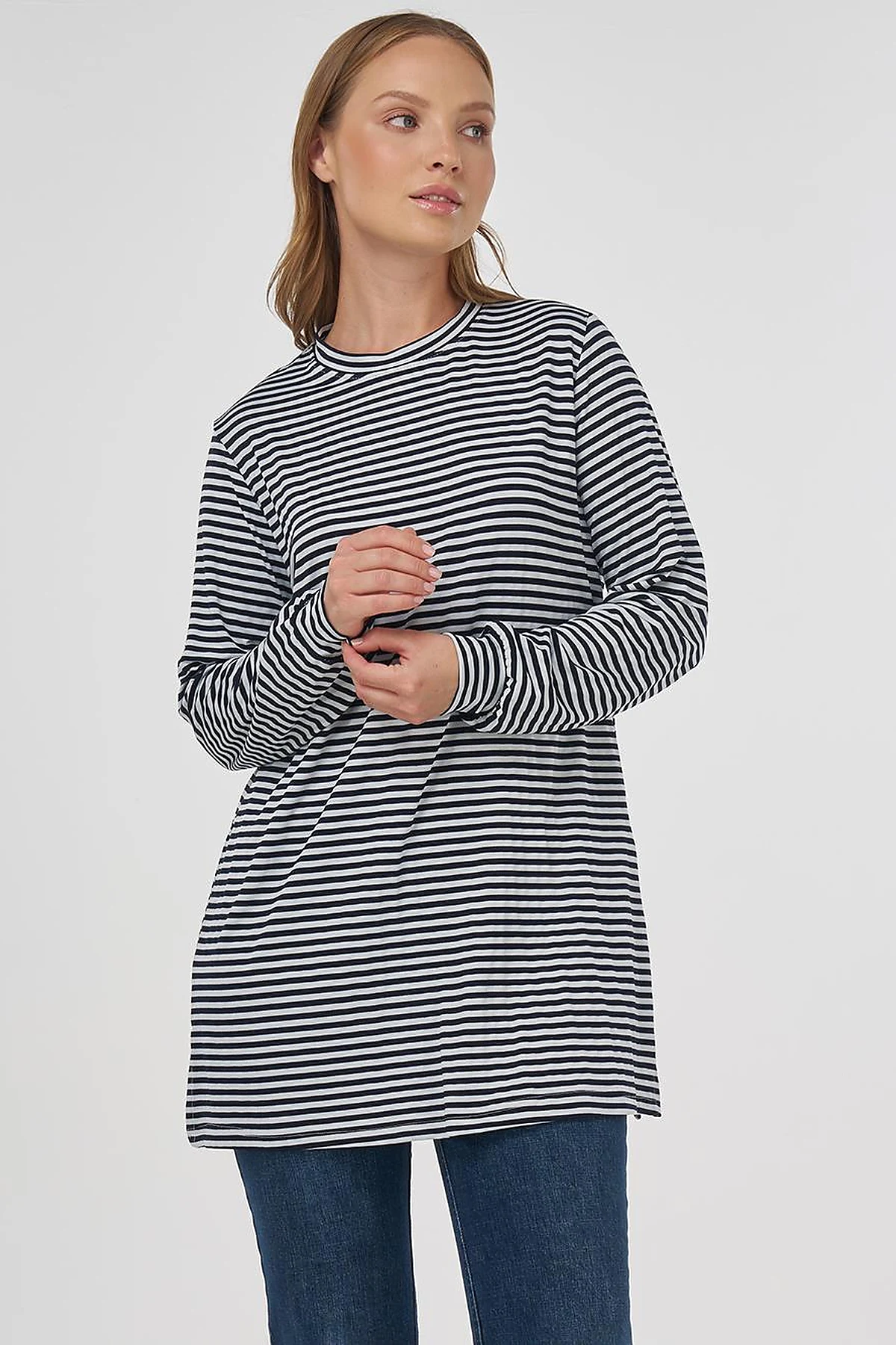 Çizgi Desen Viskon Sweatshirt Siyah 
