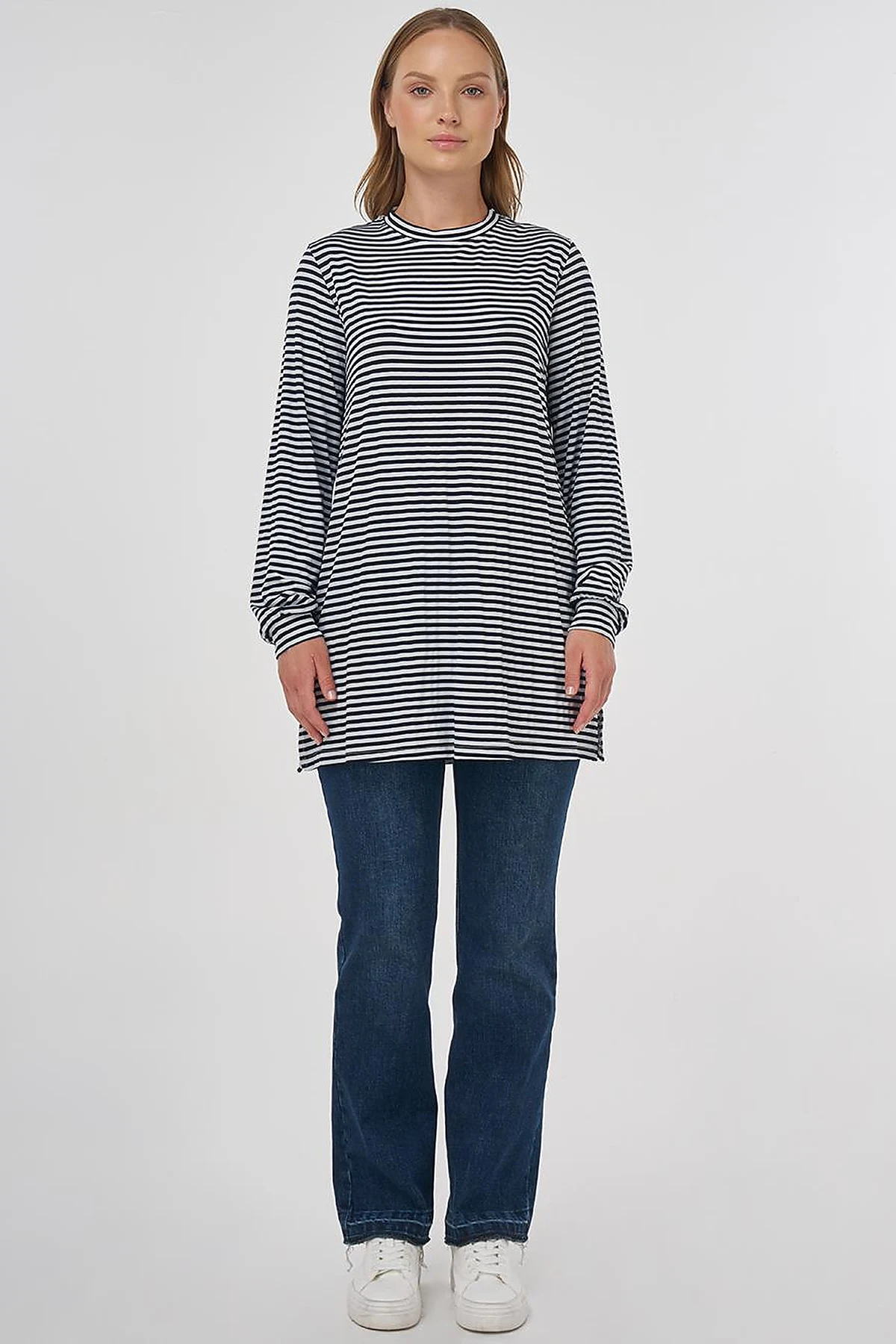 Çizgi Desen Viskon Sweatshirt Siyah 
