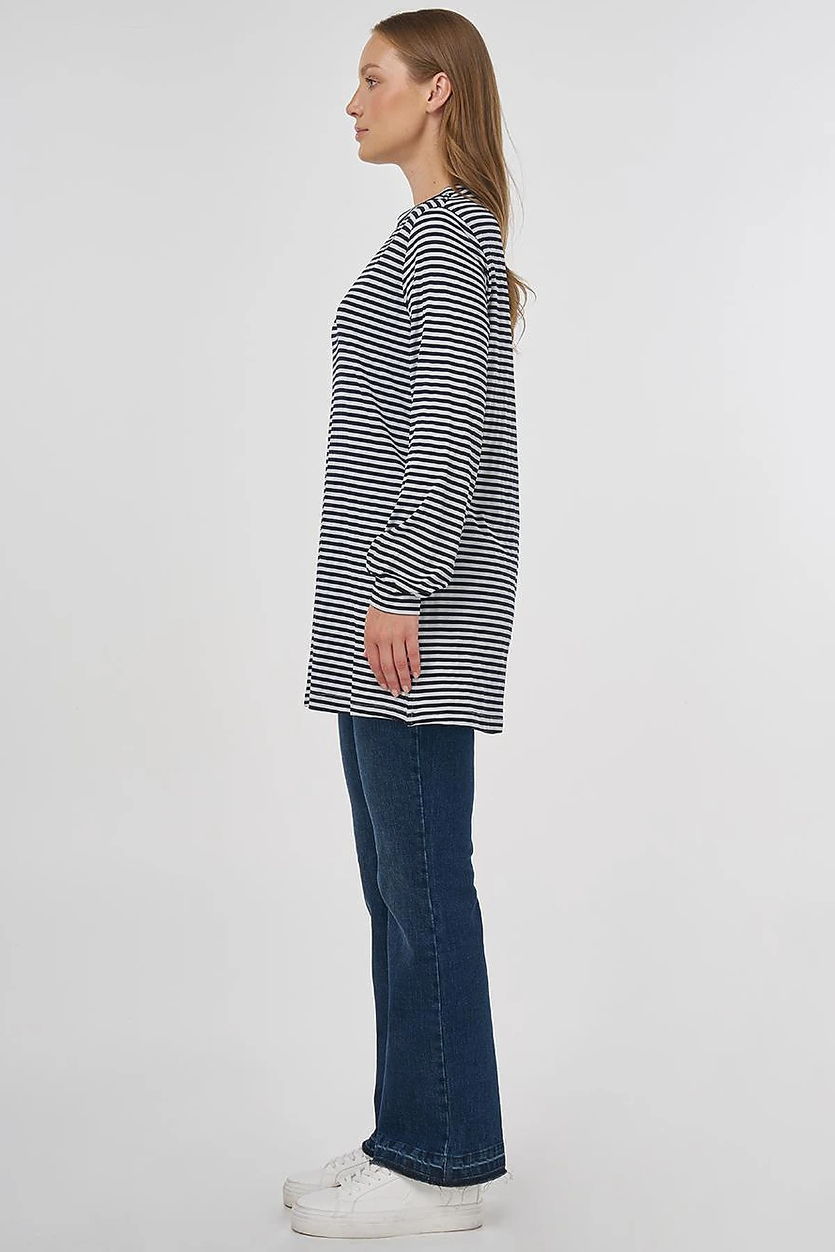 Çizgi Desen Viskon Sweatshirt Siyah 