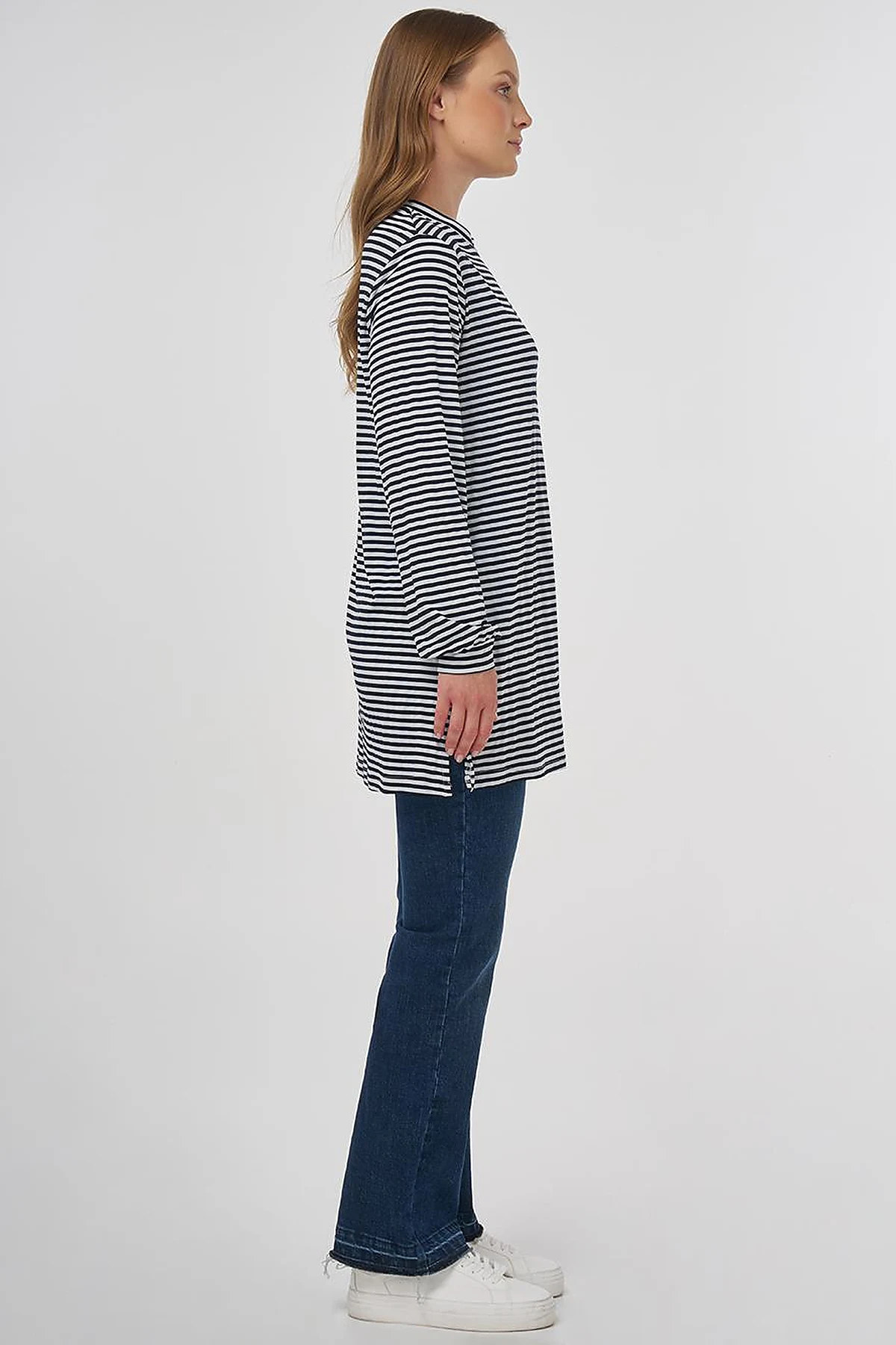 Çizgi Desen Viskon Sweatshirt Siyah 