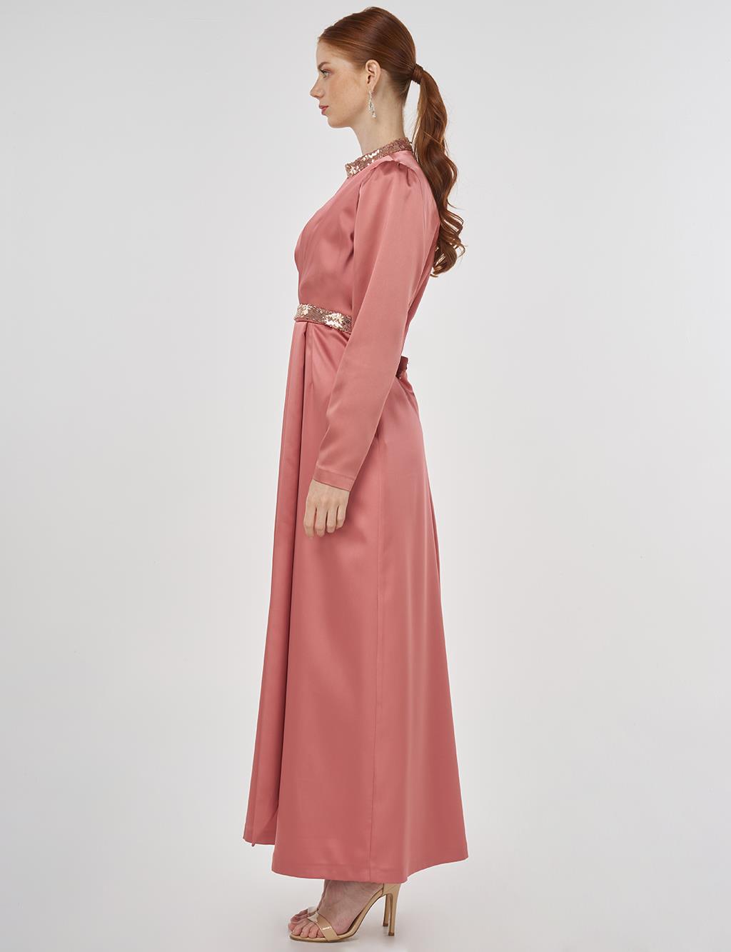 Embroidered Satin Draped Dress in Rose Gold