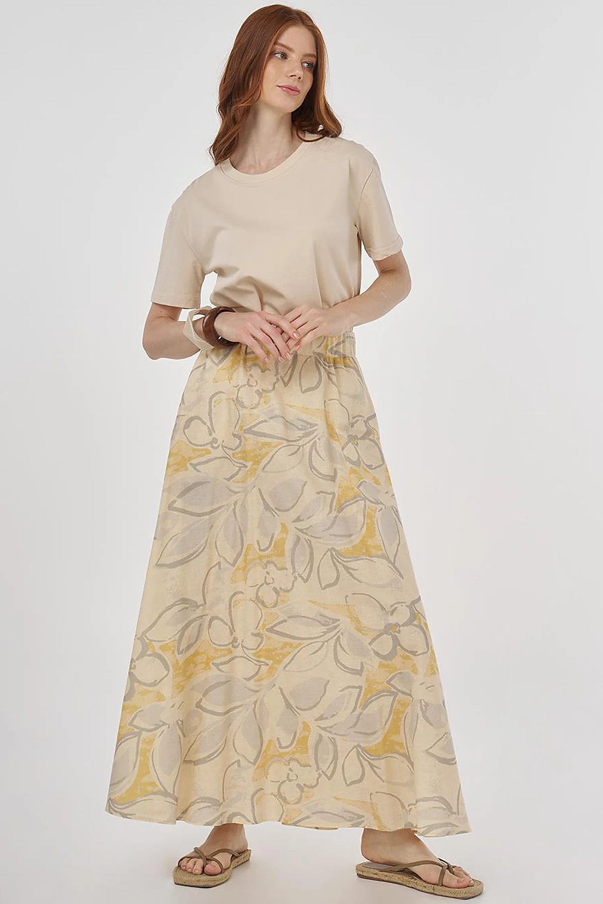 Patterned Cotton-Linen Flared Skirt Cream
