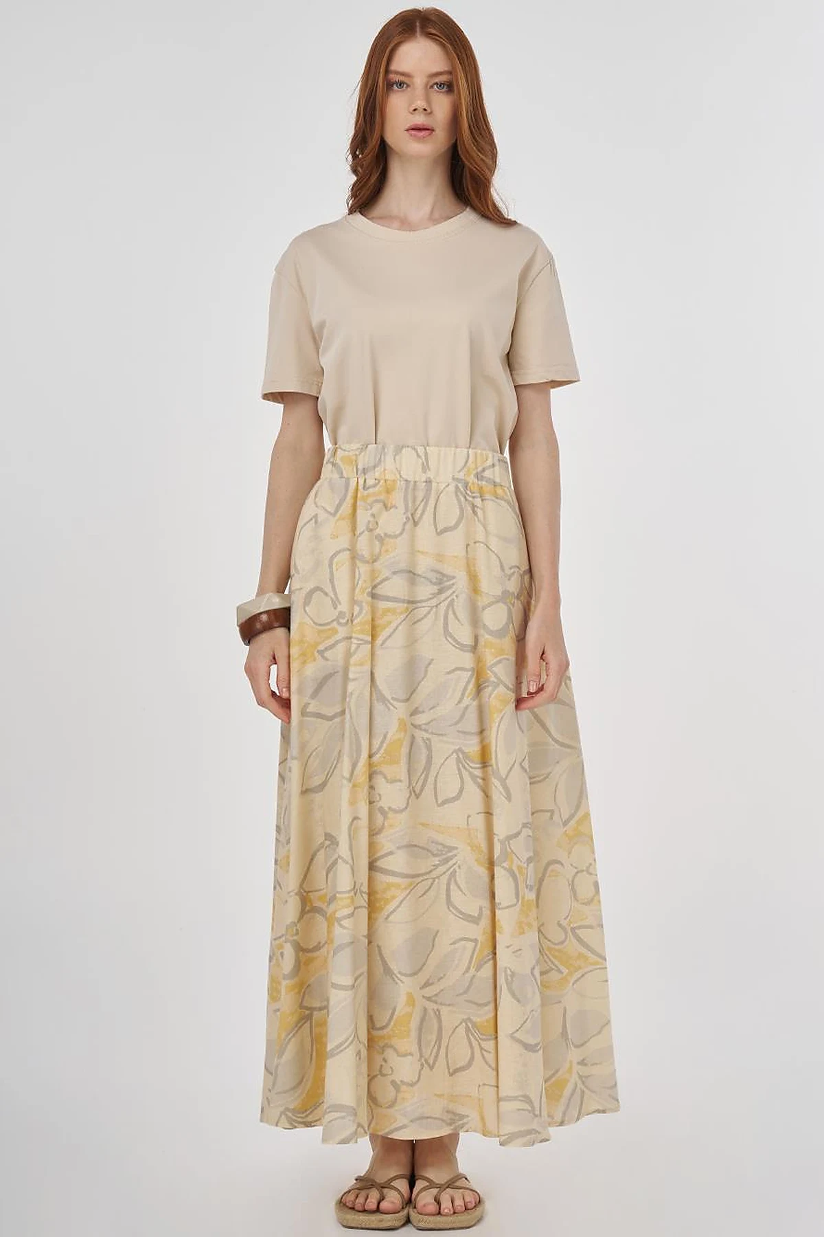 Patterned Cotton-Linen Flared Skirt Cream