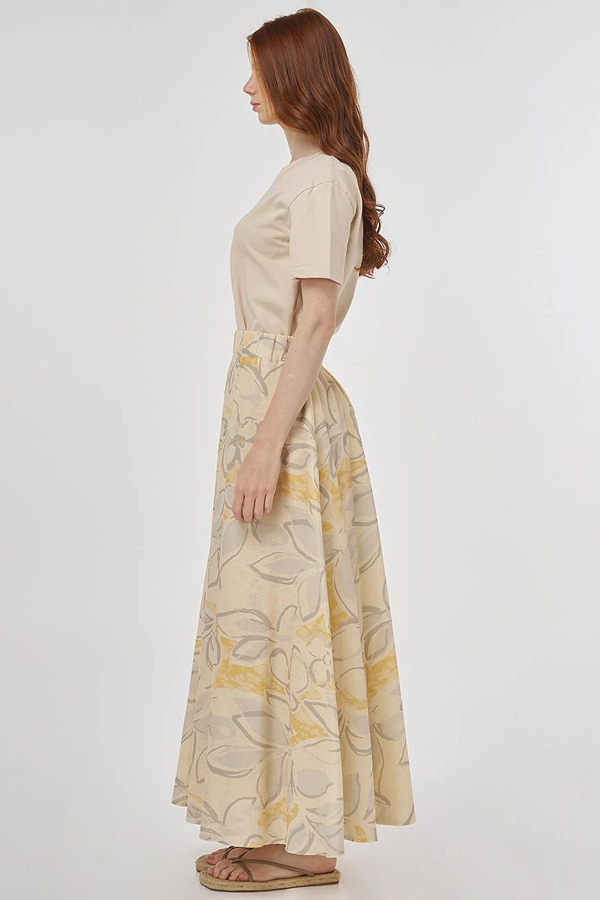 Patterned Cotton-Linen Flared Skirt Cream