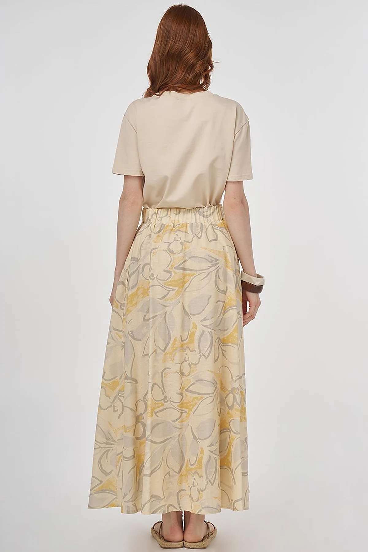 Patterned Cotton-Linen Flared Skirt Cream
