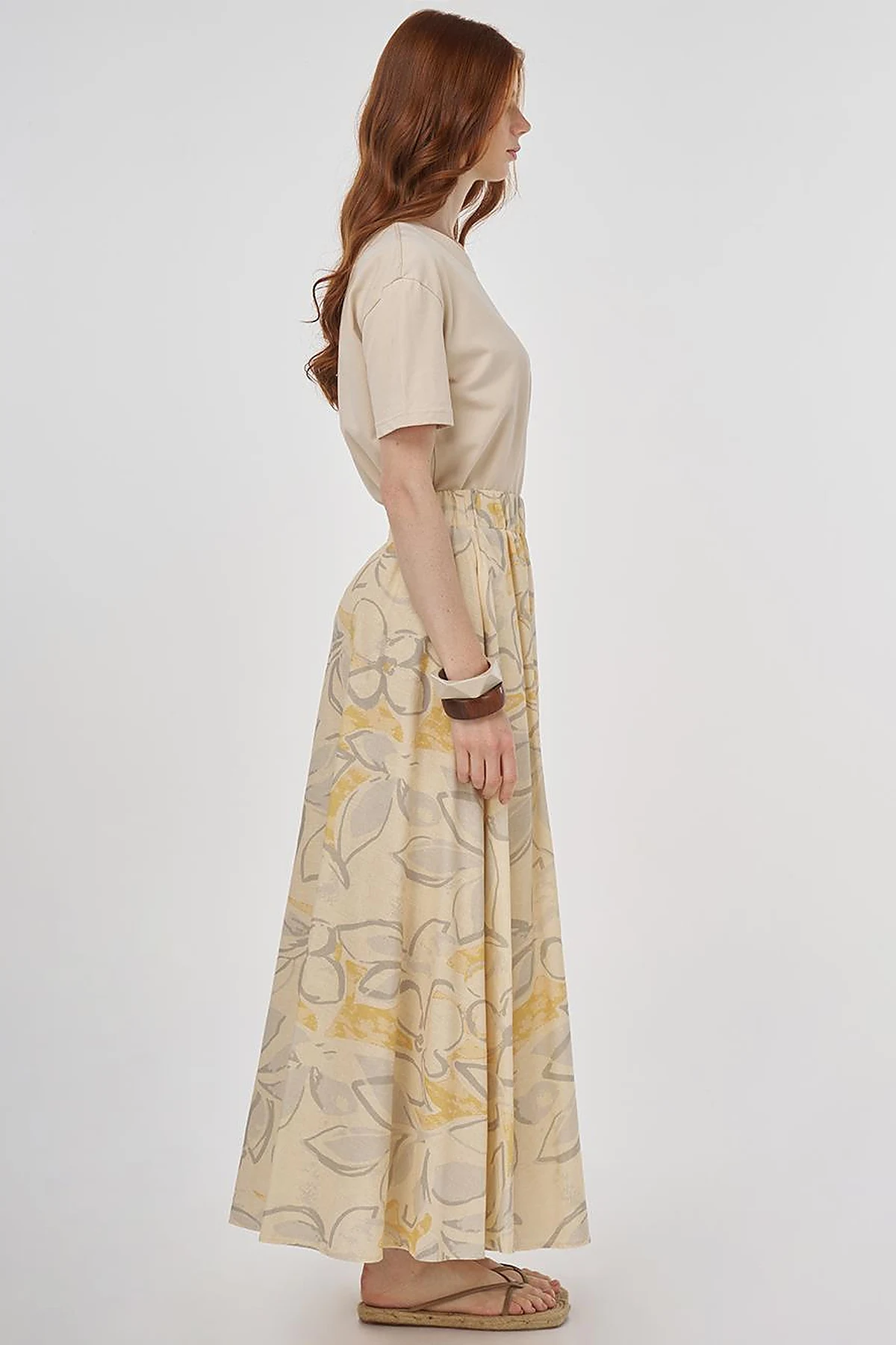 Patterned Cotton-Linen Flared Skirt Cream