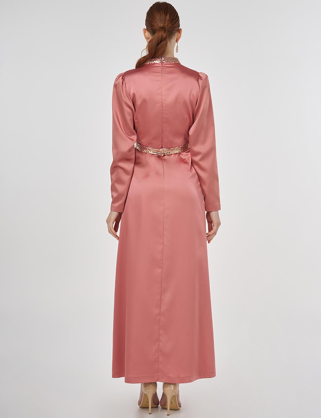 Embroidered Satin Draped Dress in Rose Gold