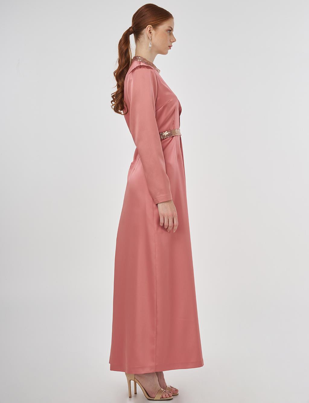 Embroidered Satin Draped Dress in Rose Gold
